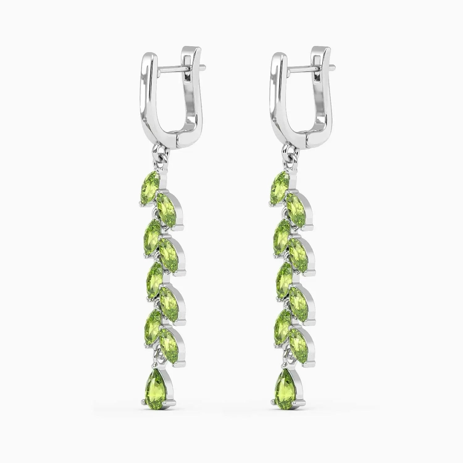 front and side view of peridot green drop earrings