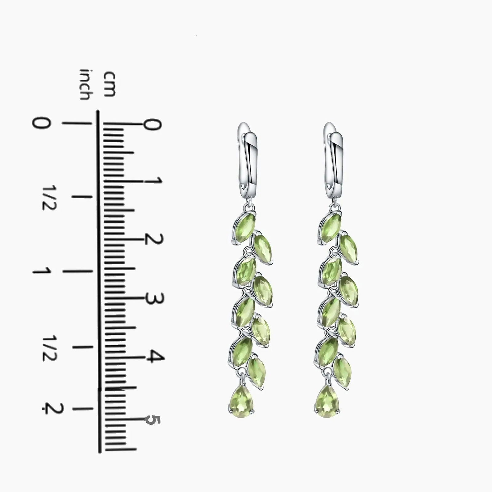 Green Peridot Drop Earrings showing size and dimensions - 5.6 cm height and 1.0 cm width