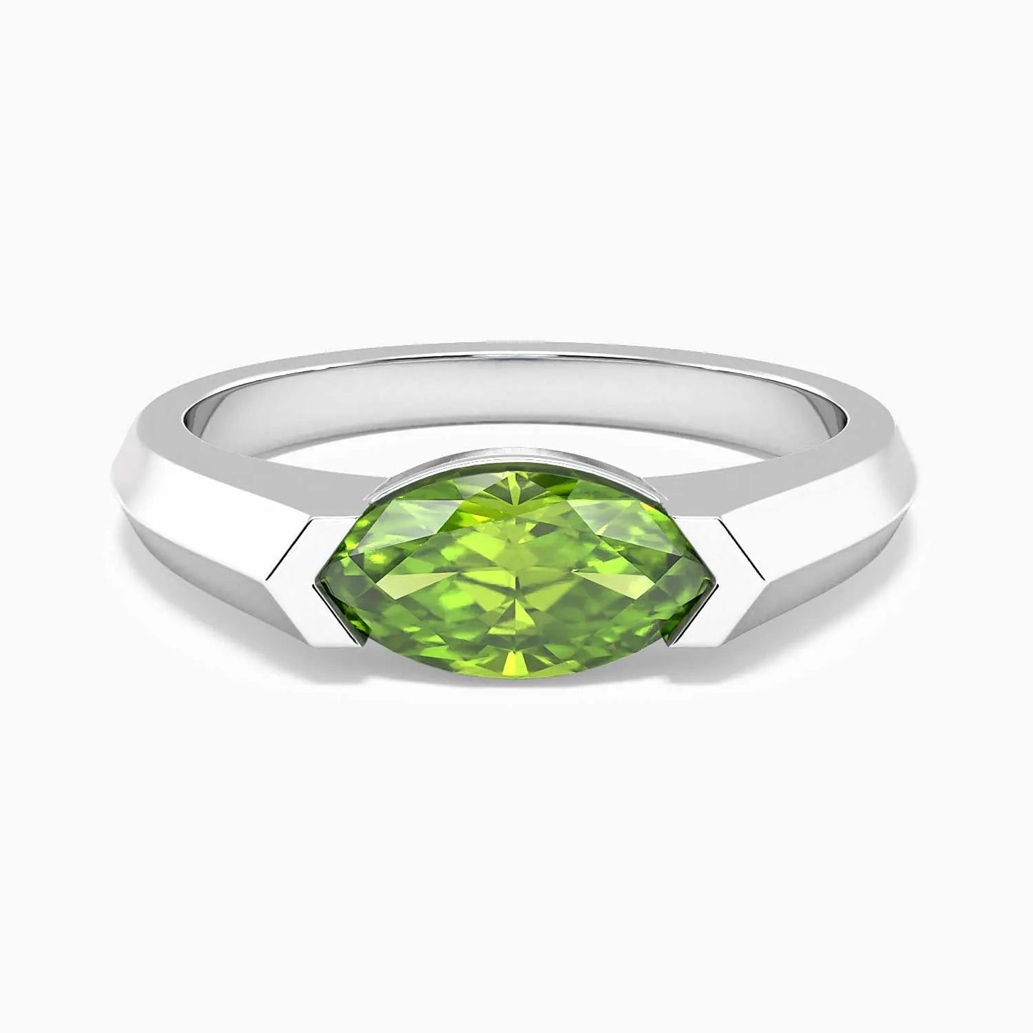 A marquise-cut peridot gemstone ring in silver, with a semi-bezel setting and a rhodium-plated band.
