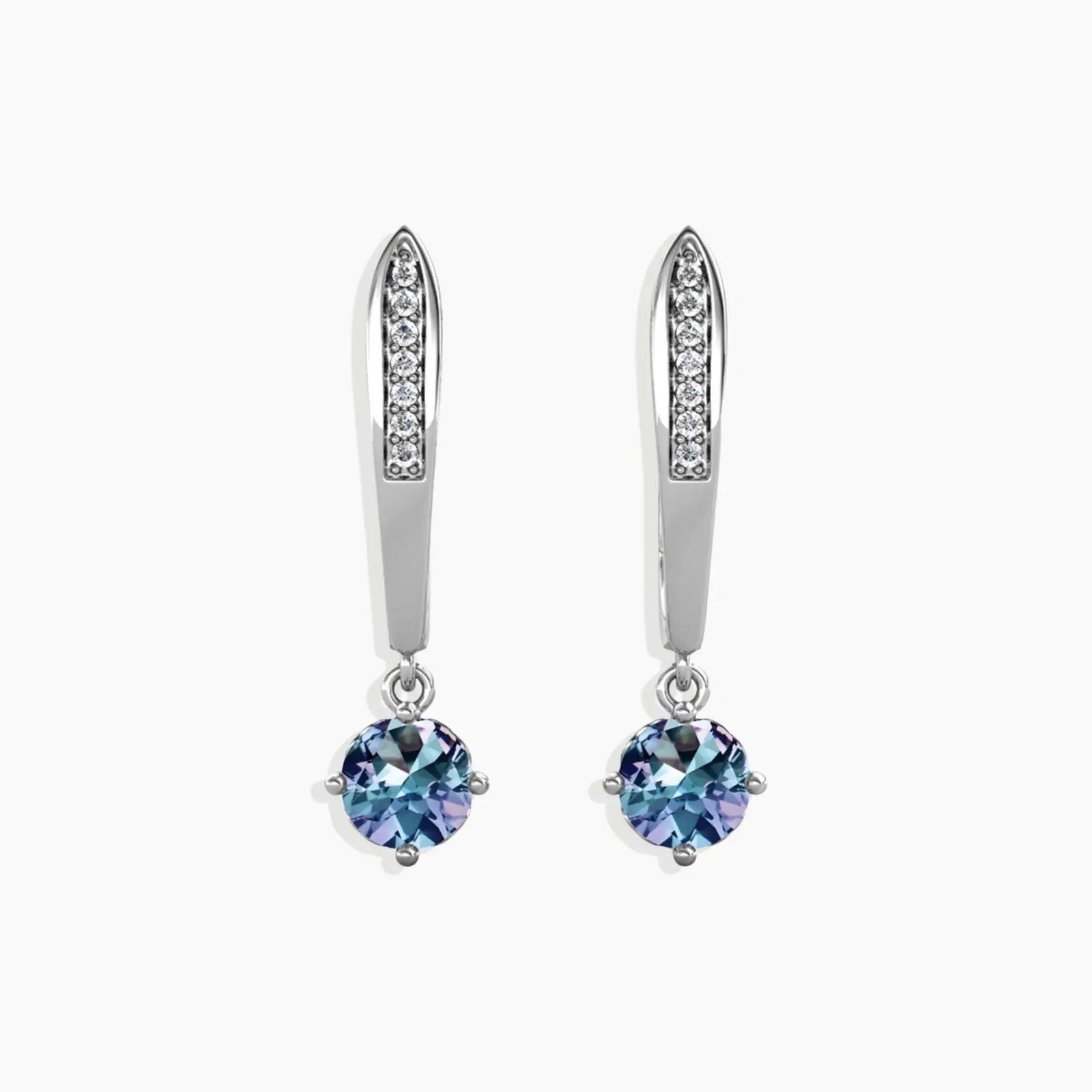 Elegant drop earrings with 6 mm round Alexandrite stones and slender silver bar set with accents
