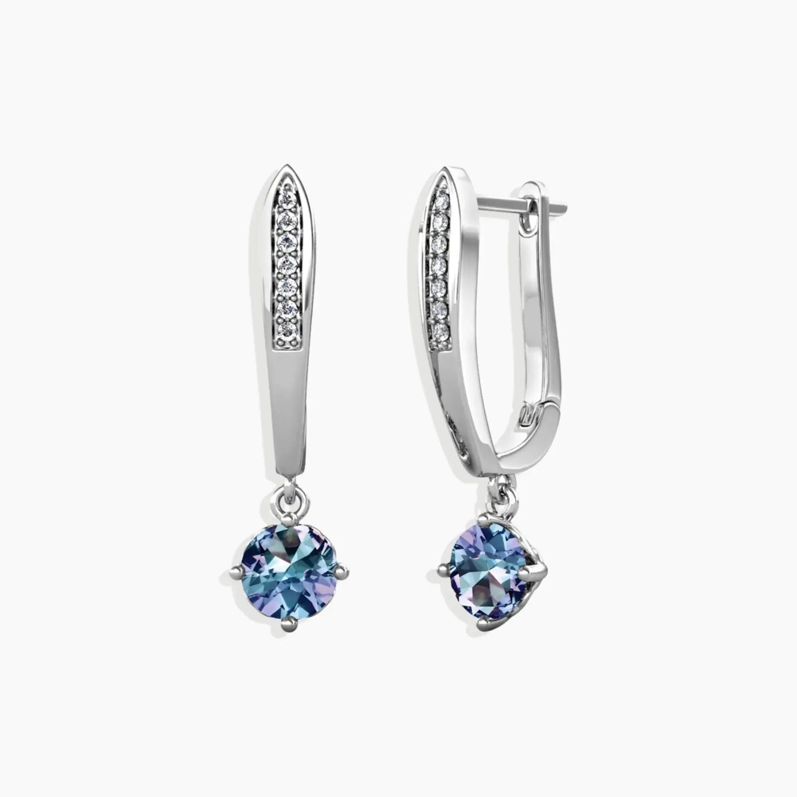 Long Alexandrite drop earrings in sterling silver – round-cut gemstone with sparkle bar design