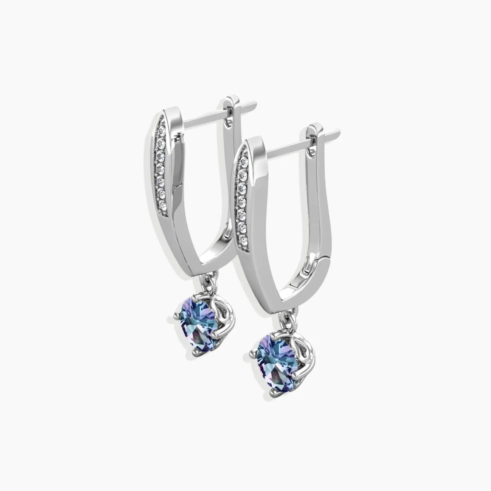 Alexandrite dangle earrings with colour-changing gemstone in rhodium-plated elongated setting