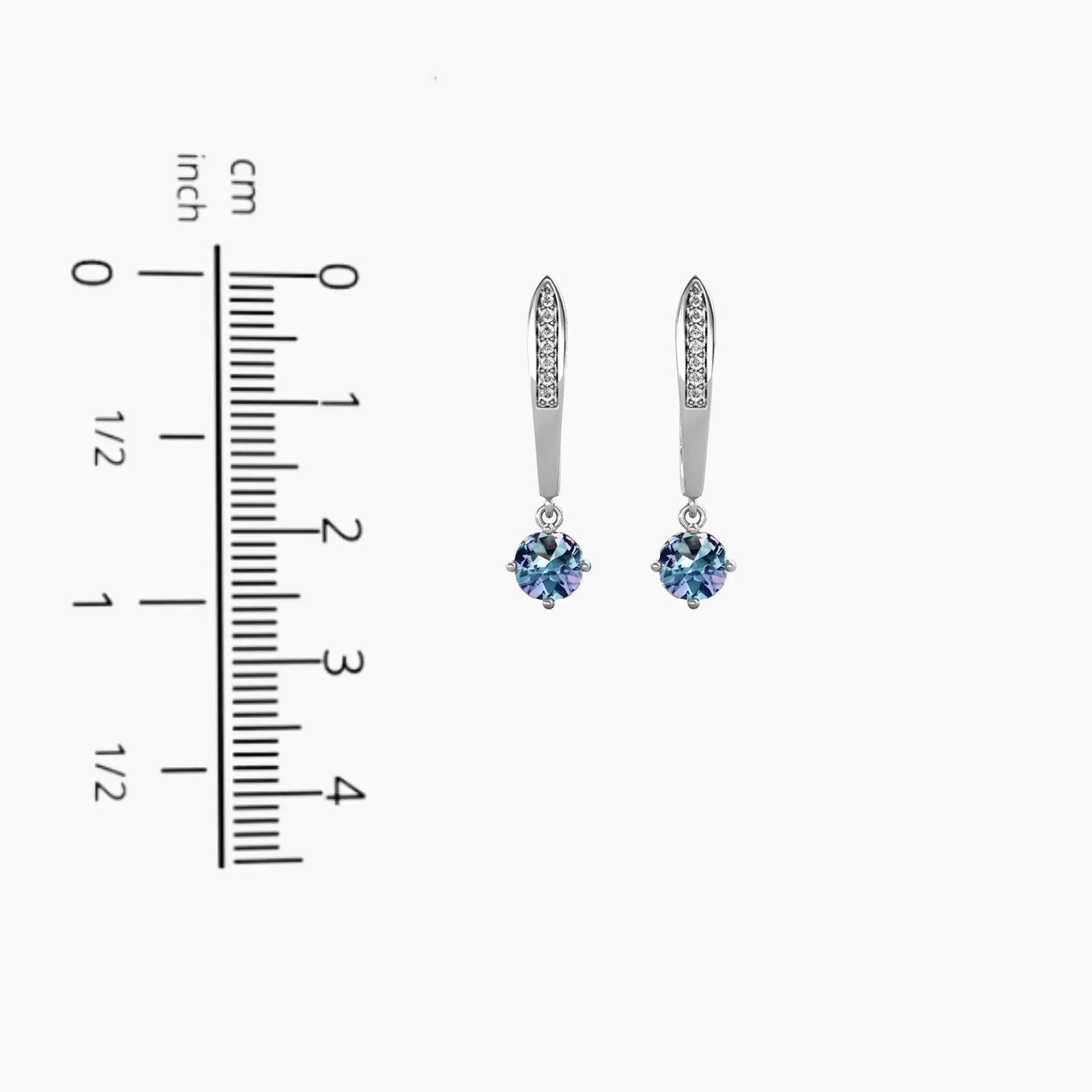 Alexandrite drop earrings shown beside ruler – 2.6 cm height, 0.8 cm width