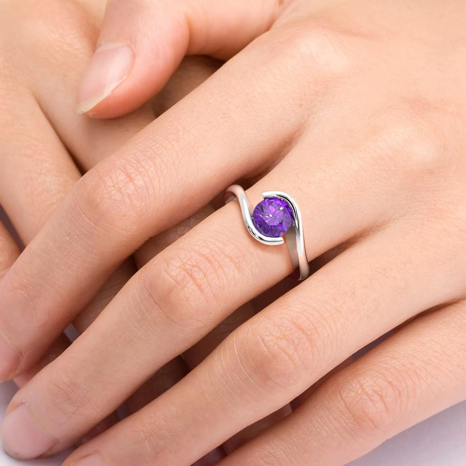 Round Cut Bezel Set Amethyst Promise Ring - Irosk Australia