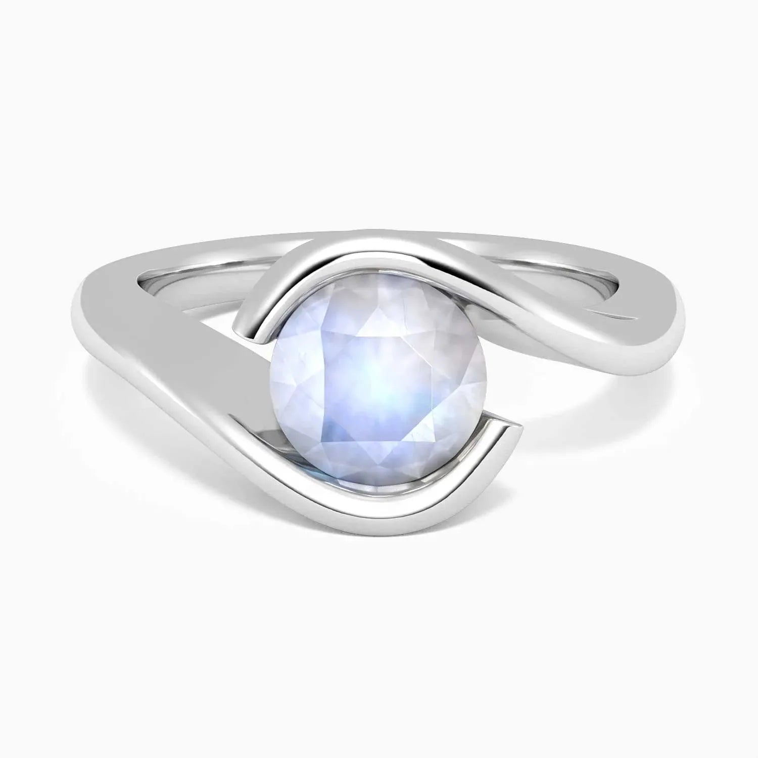 Round moonstone ring in a wave-style semi bezel setting, crafted in rhodium-plated sterling silver by Irosk