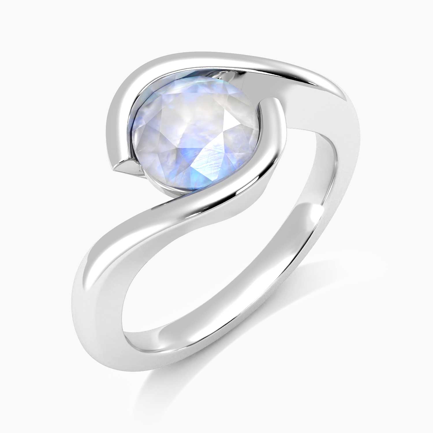 Top view of the Irosk moonstone ring with a luminous round-cut gemstone and polished wave-inspired band