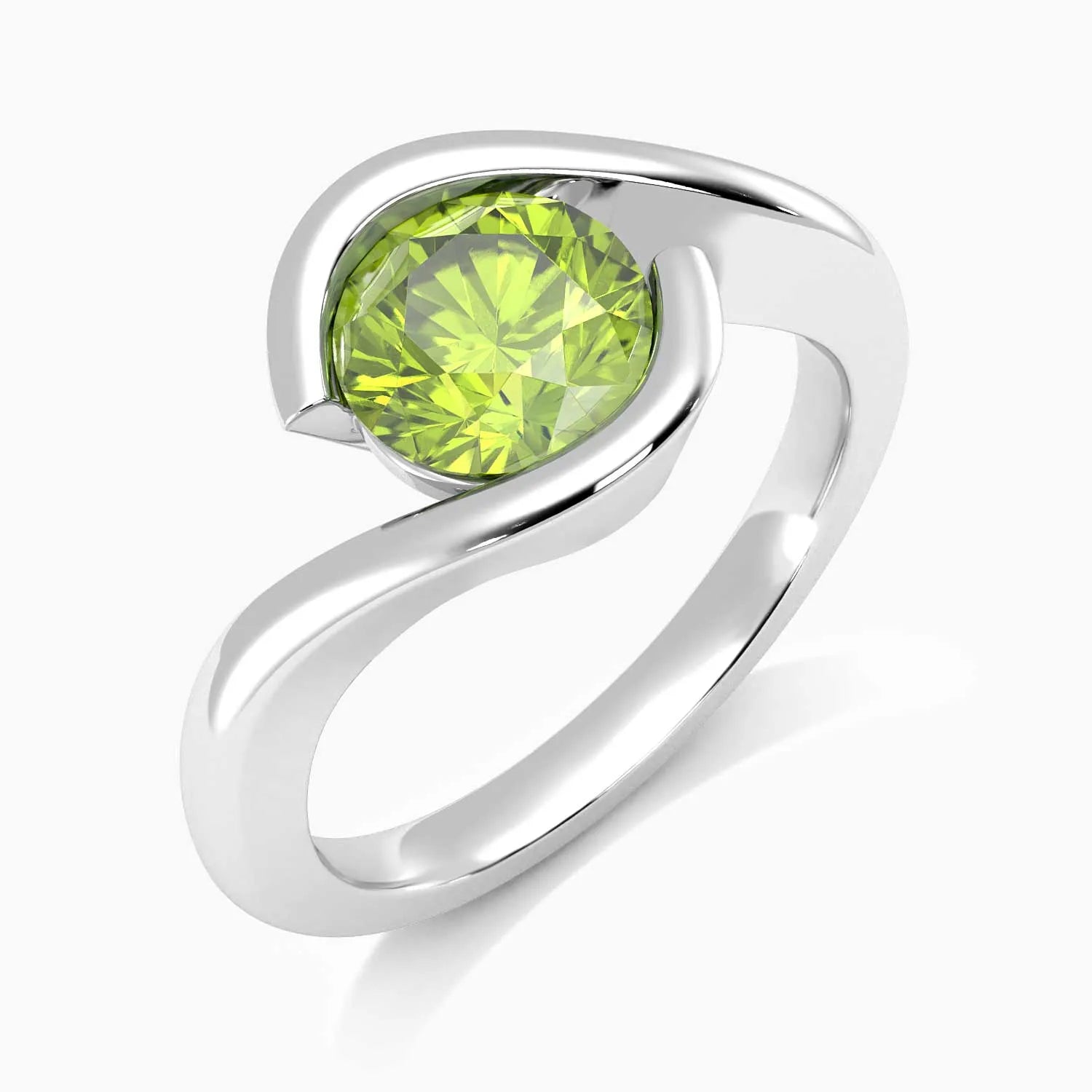 Angled view of peridot bezel ring showing semi-bezel setting and polished silver finish.