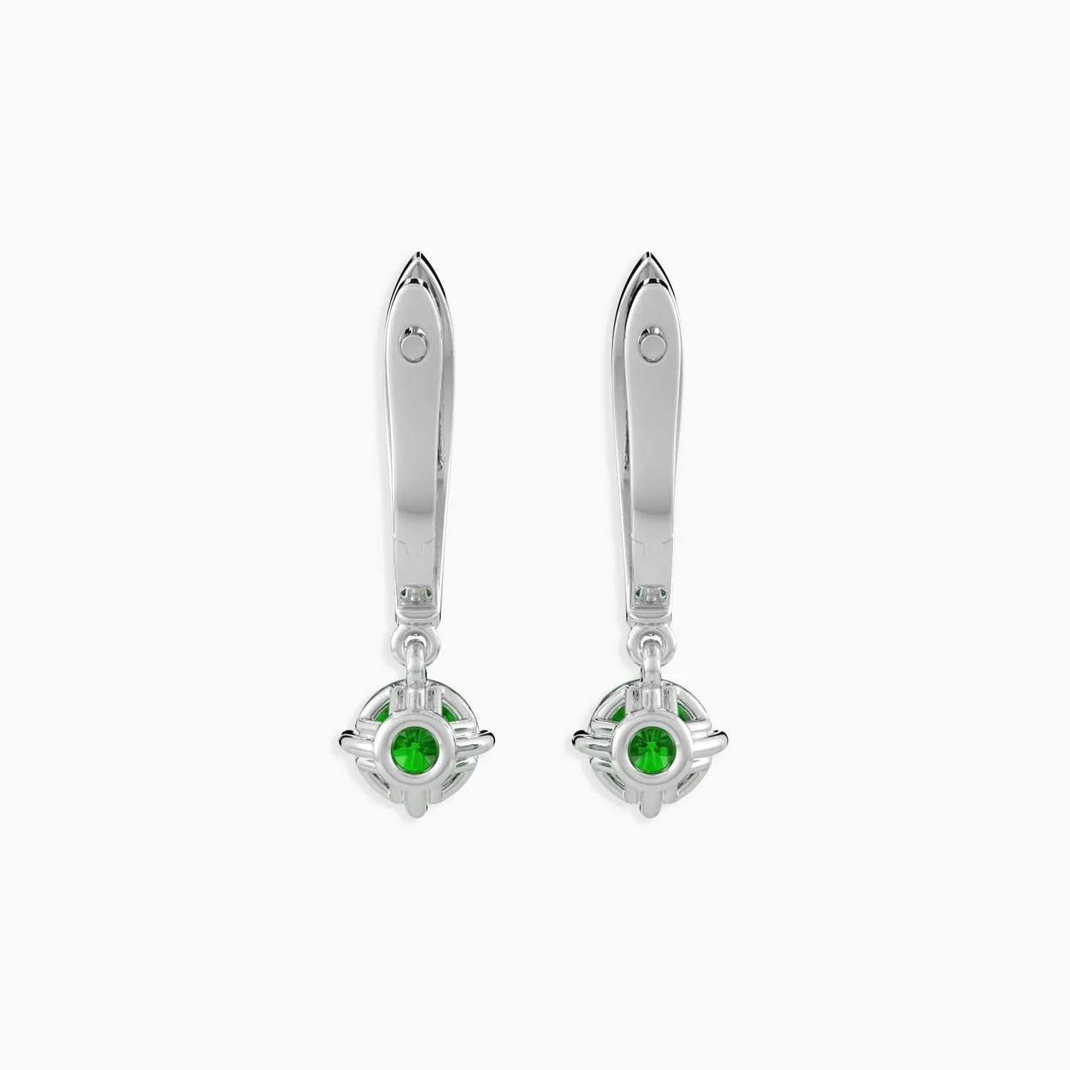 Side-by-side or angled view of the emerald drop hoop earrings on a dark background.