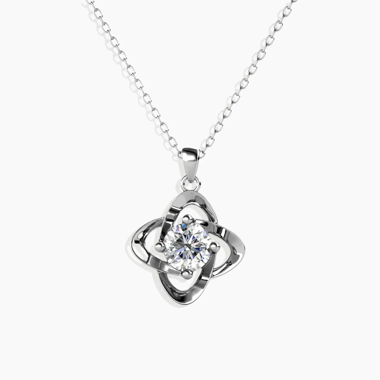 Moissanite Bond Pendant Necklace in sterling silver, featuring a 6.5 mm round moissanite center stone, displayed on a white background.