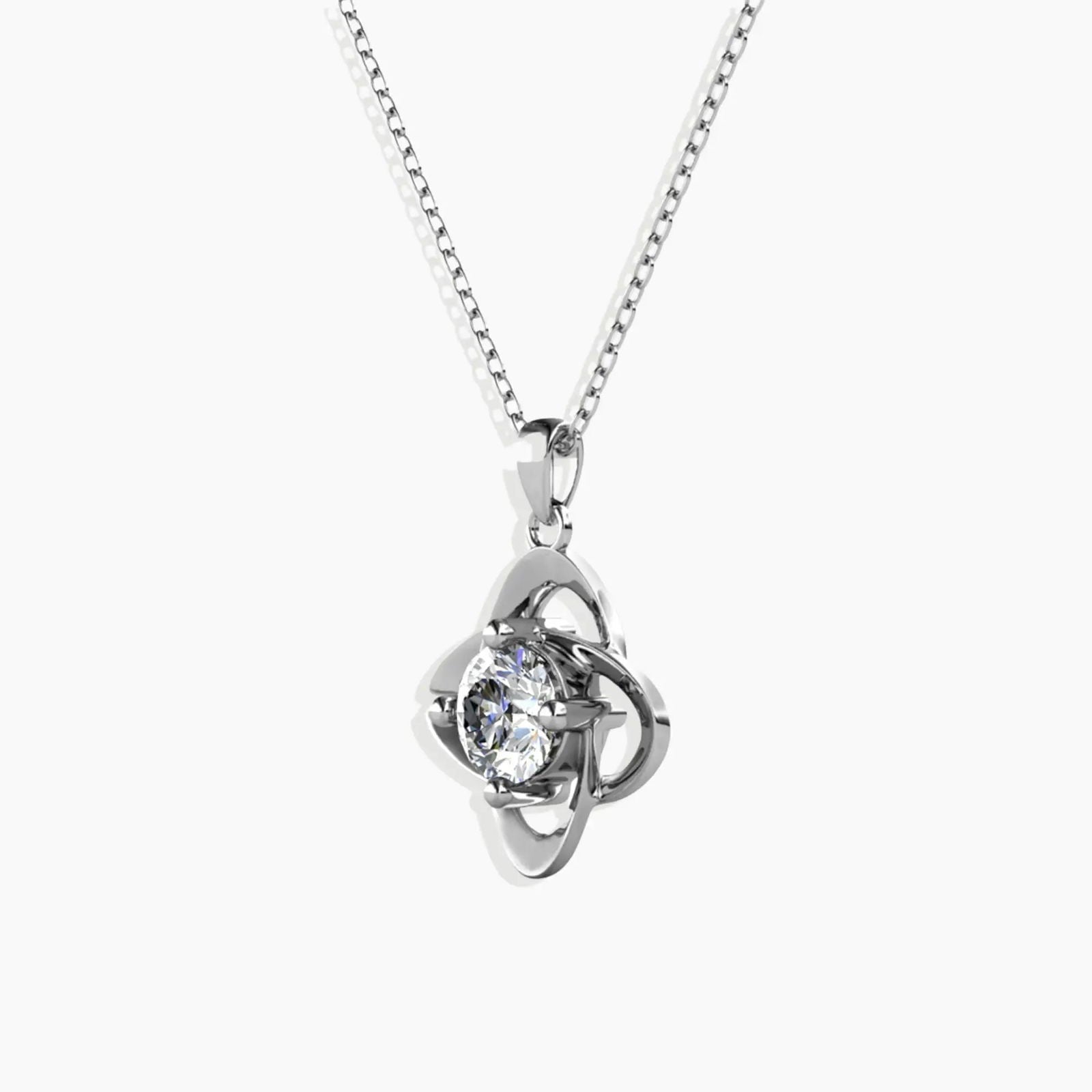 Side view of the Moissanite Bond Pendant Necklace, showcasing its four-lobed bond design and radiant central moissanite.