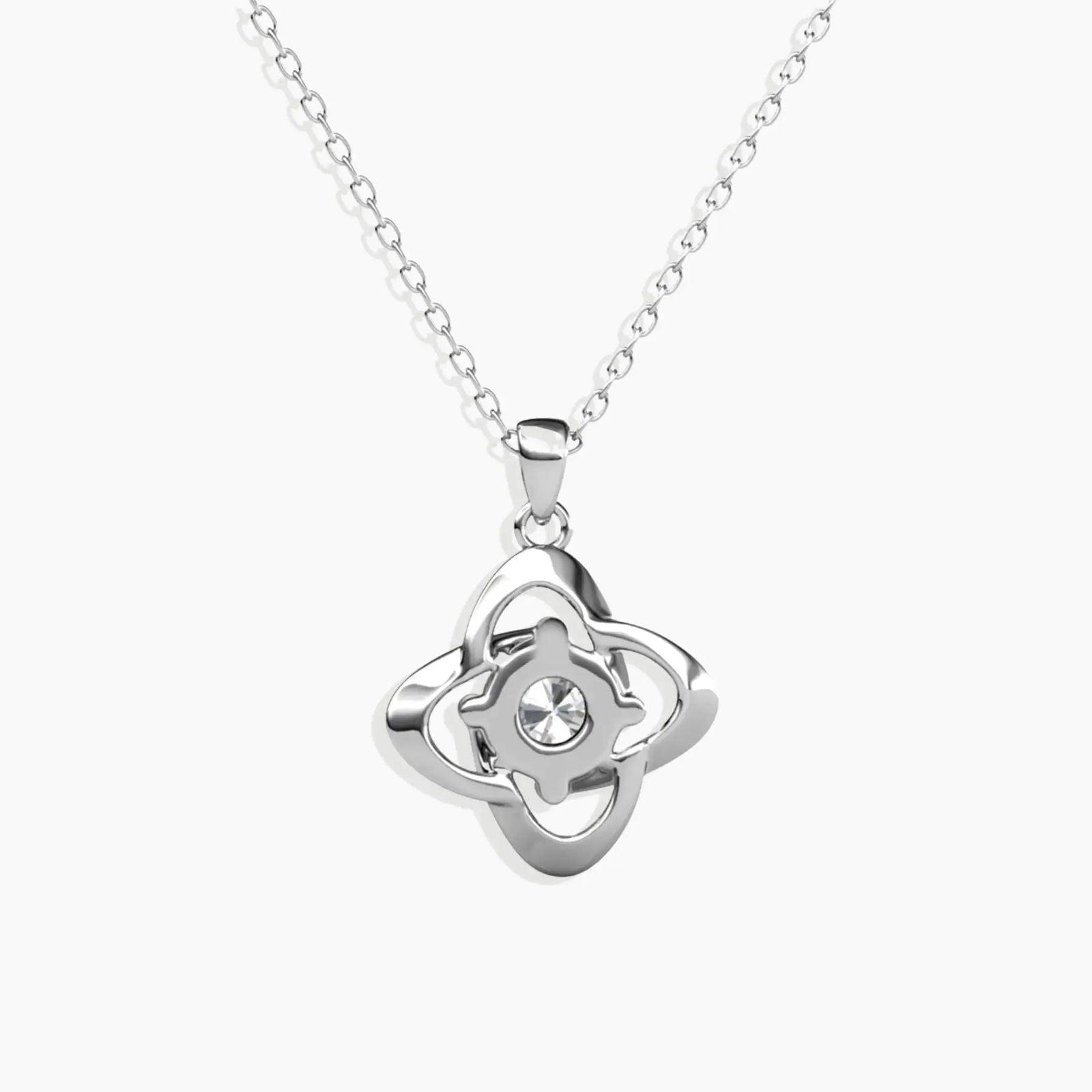Rear side shot of the Bond Pendant Necklace, highlighting the openwork silver design and rhodium-plated finish