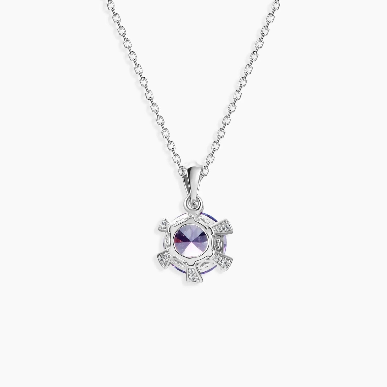 backside of Round Alexandrite solitaire pendant in clean prong setting – colour-shifting gemstone in silver