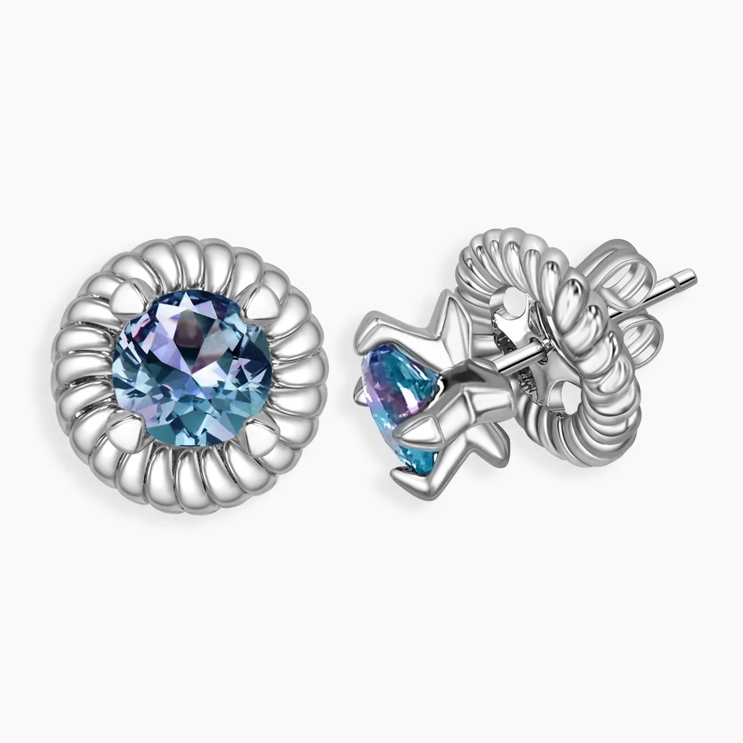 Alexandrite convertible earrings showing both stud and disc styles – rhodium-plated sterling silver
