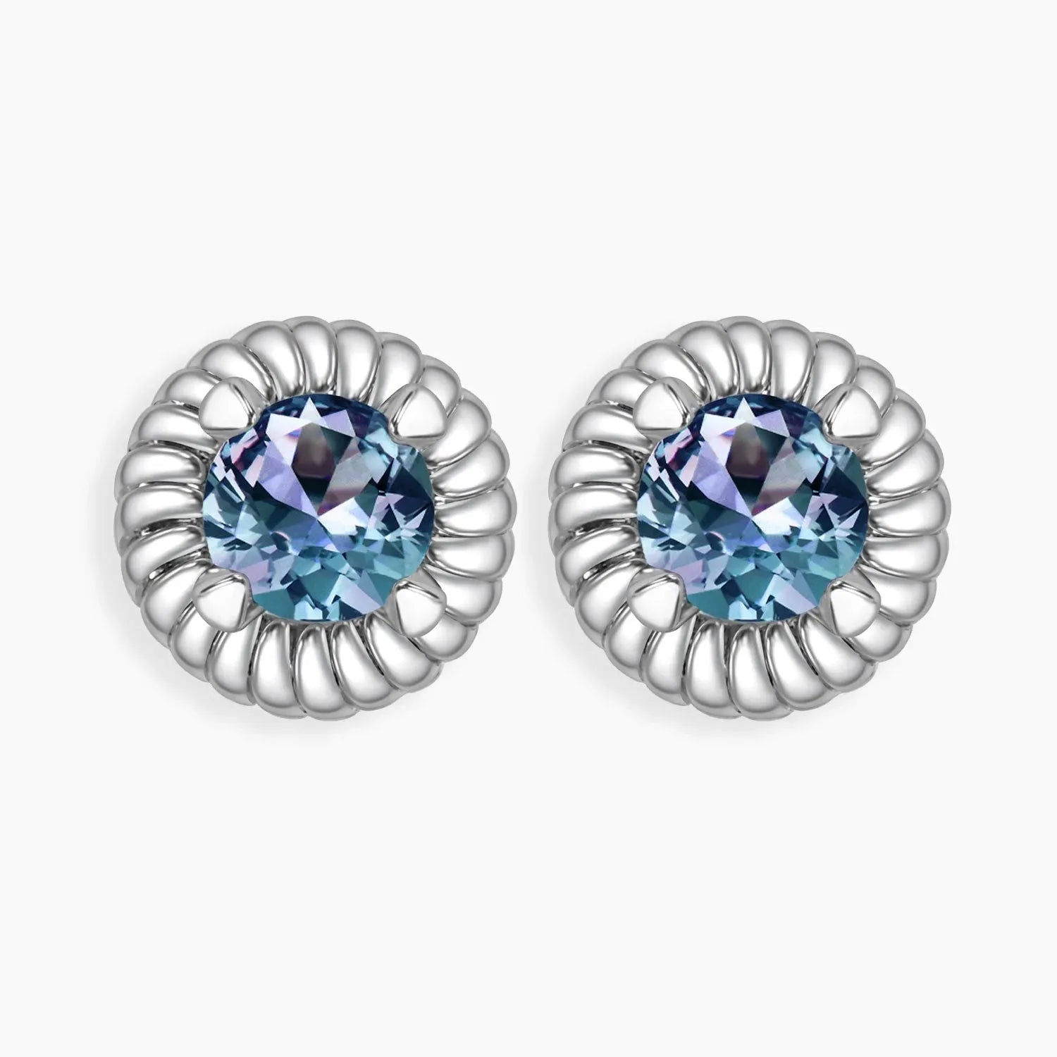 Round Alexandrite earrings with decorative halo disc – convertible stud design in silver