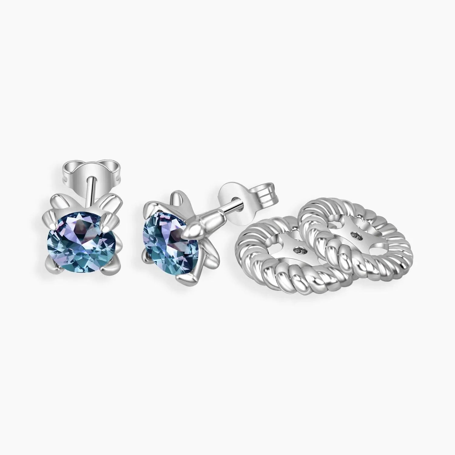 Side and back view of Alexandrite convertible stud earrings with butterfly clasp and removable disc