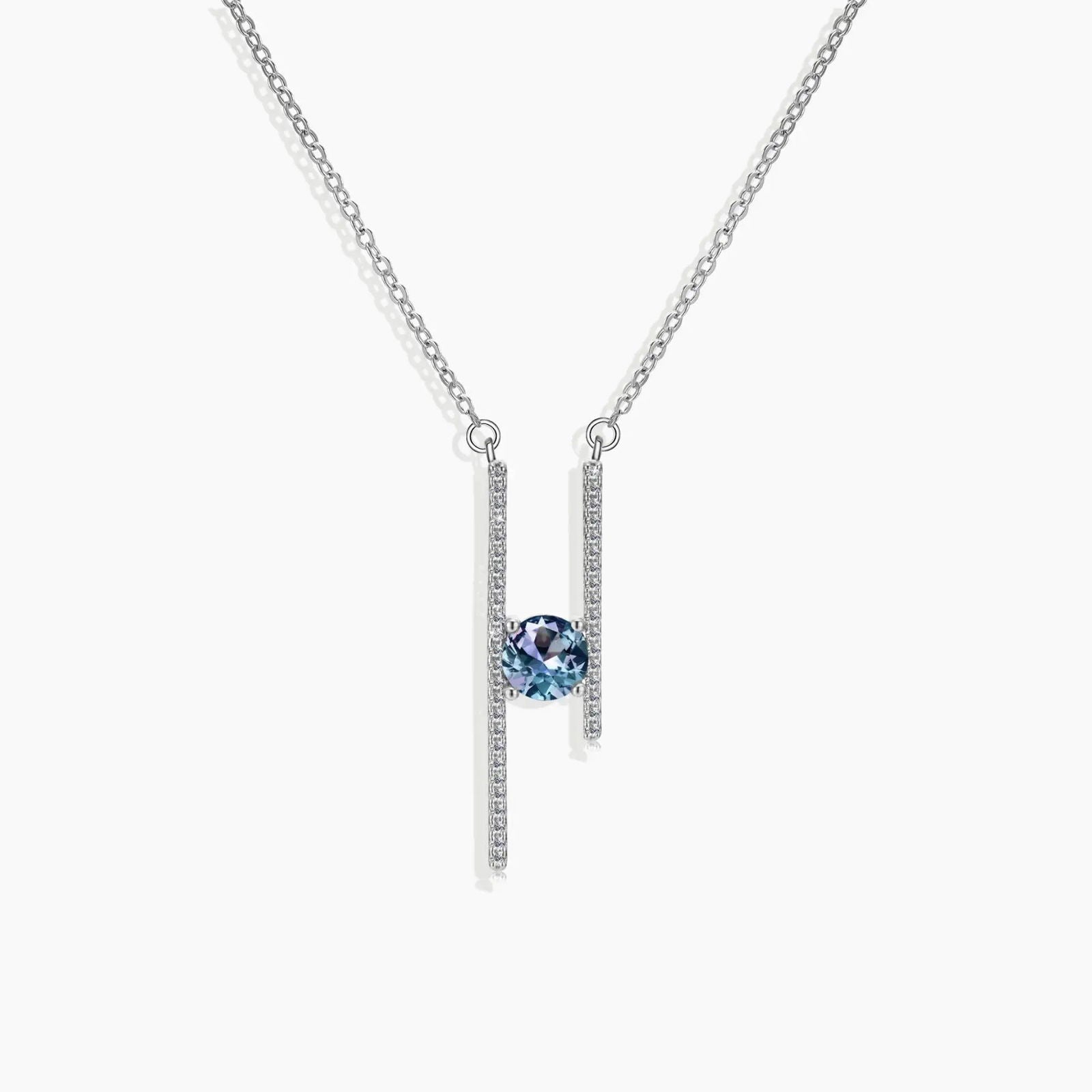 Modern Alexandrite bar pendant necklace in sterling silver – H-style vertical bar with 6 mm gemstone