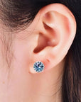 Alexandrite beaded edge stud earrings worn on ear – elegant June birthstone jewellery for daily wear