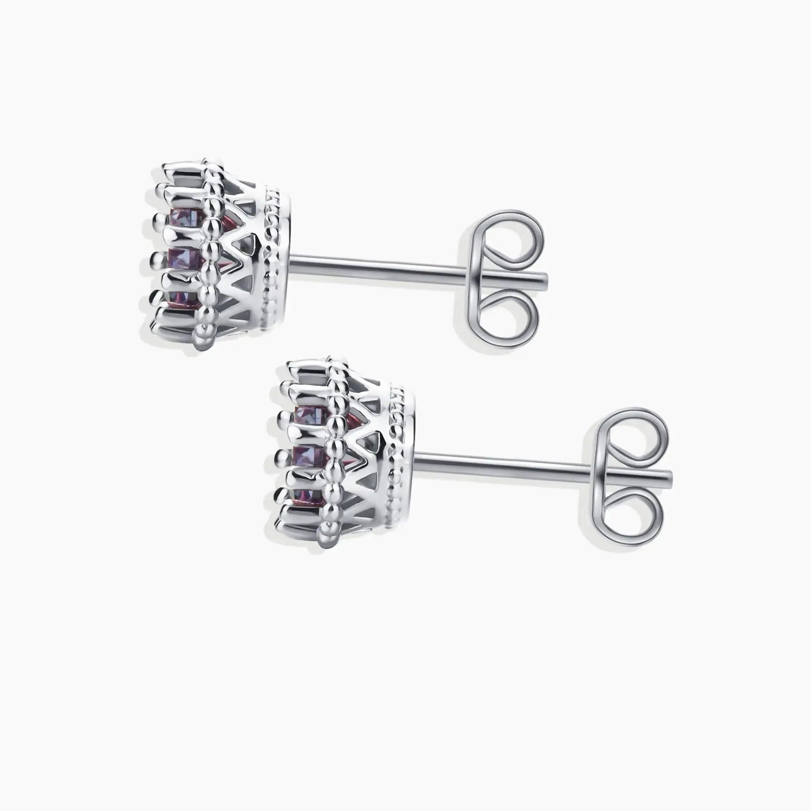 Side angle of Alexandrite beaded studs with secure butterfly clasp and rhodium-plated silver setting