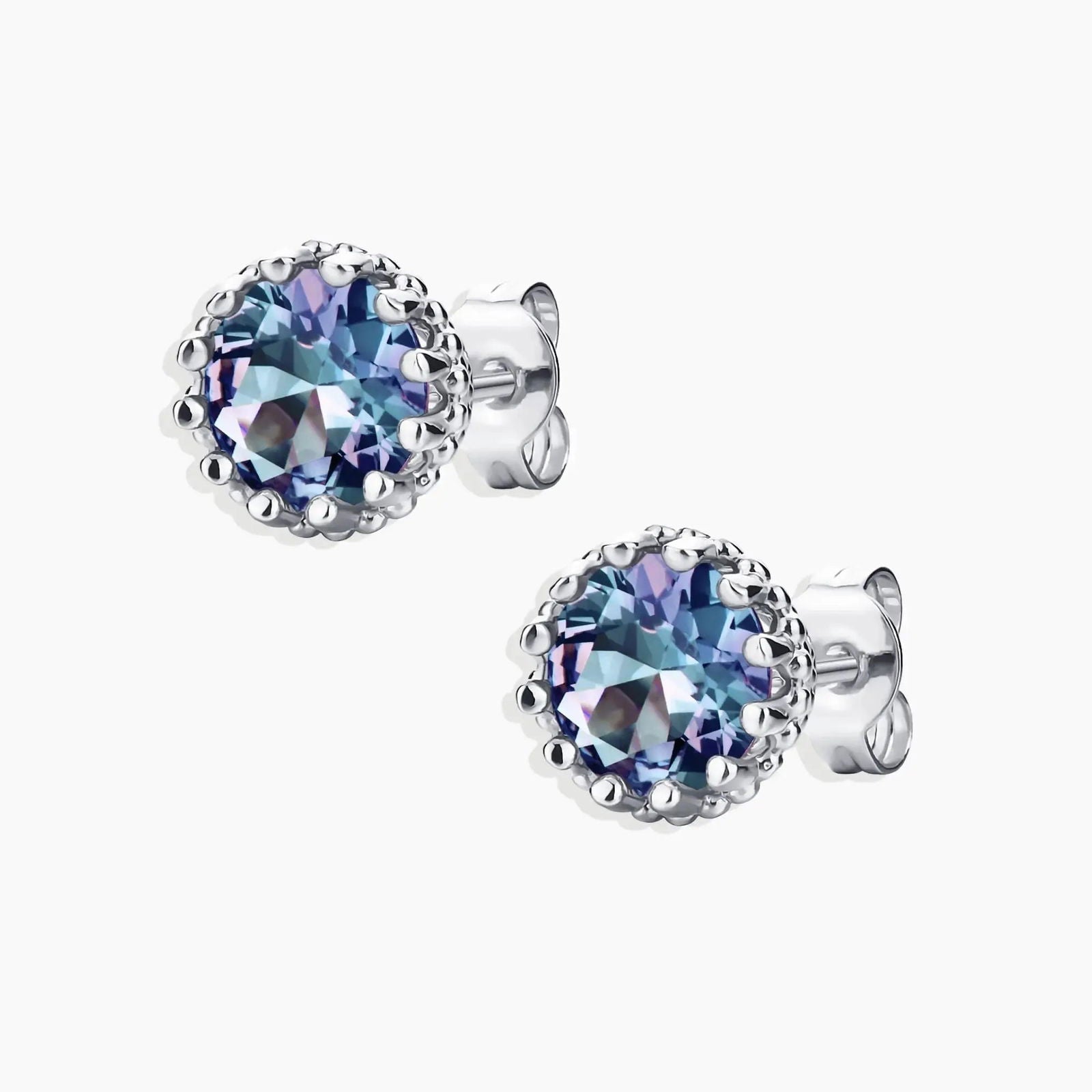 Alexandrite beaded studs shown next to ruler – 8 mm height and width for size reference