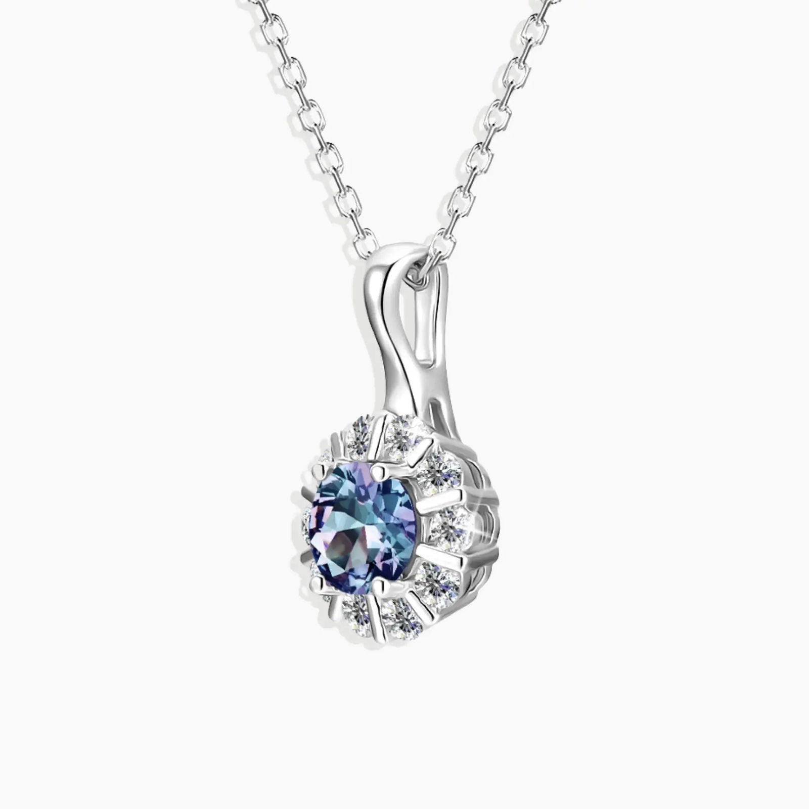 Alexandrite halo necklace with rhodium-plated silver chain – gemstone surrounded by sparkling cubic zirconia