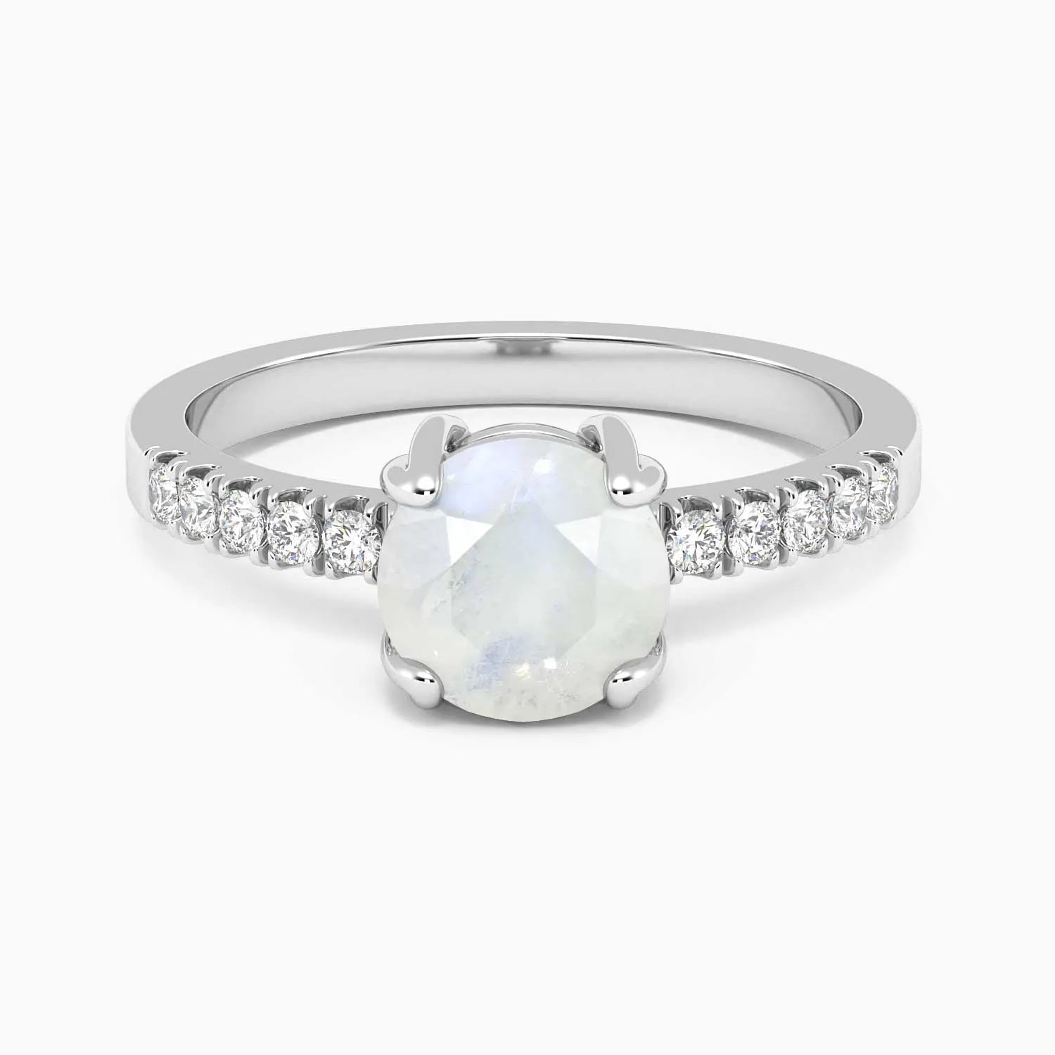 Round moonstone engagement-style ring with cubic zirconia halo shank in rhodium-plated sterling silver – Irosk Australia