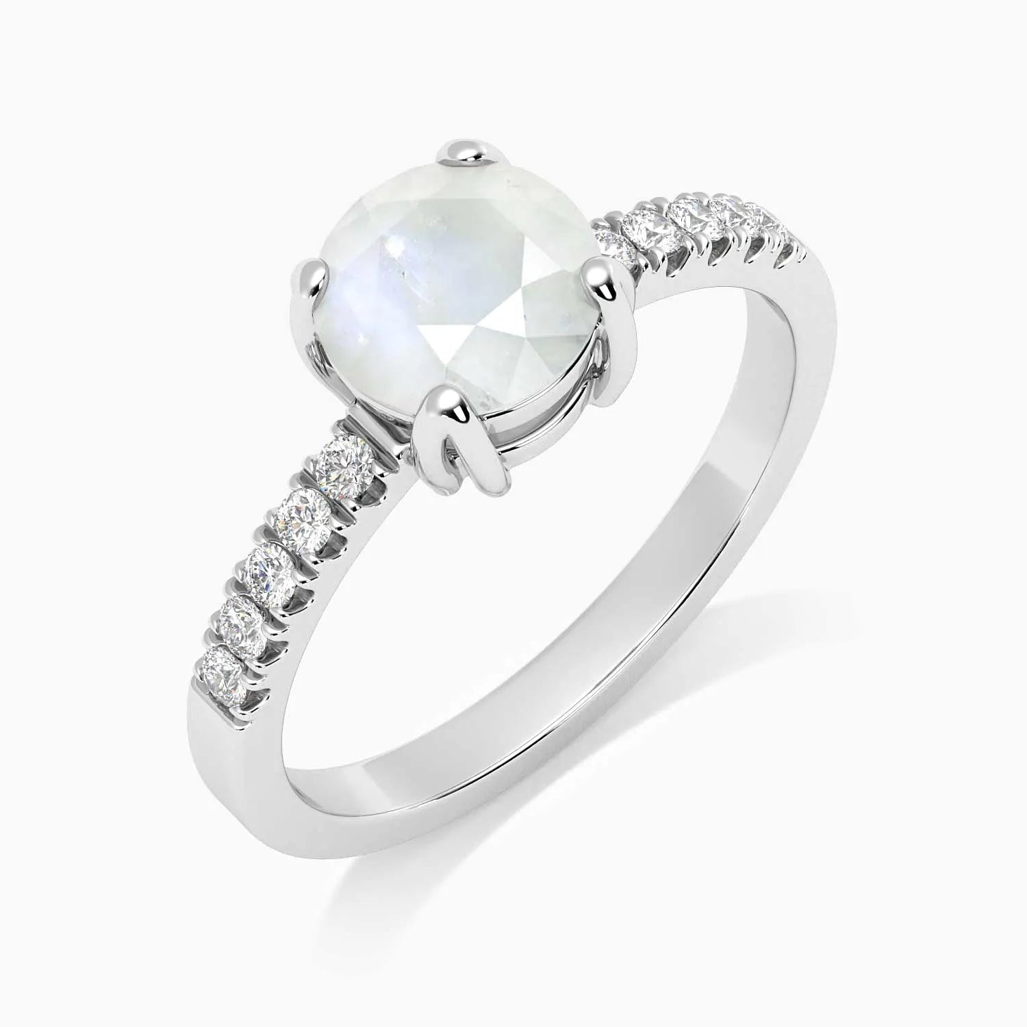 Natural round moonstone ring with sparkling side stones – dainty June birthstone jewellery