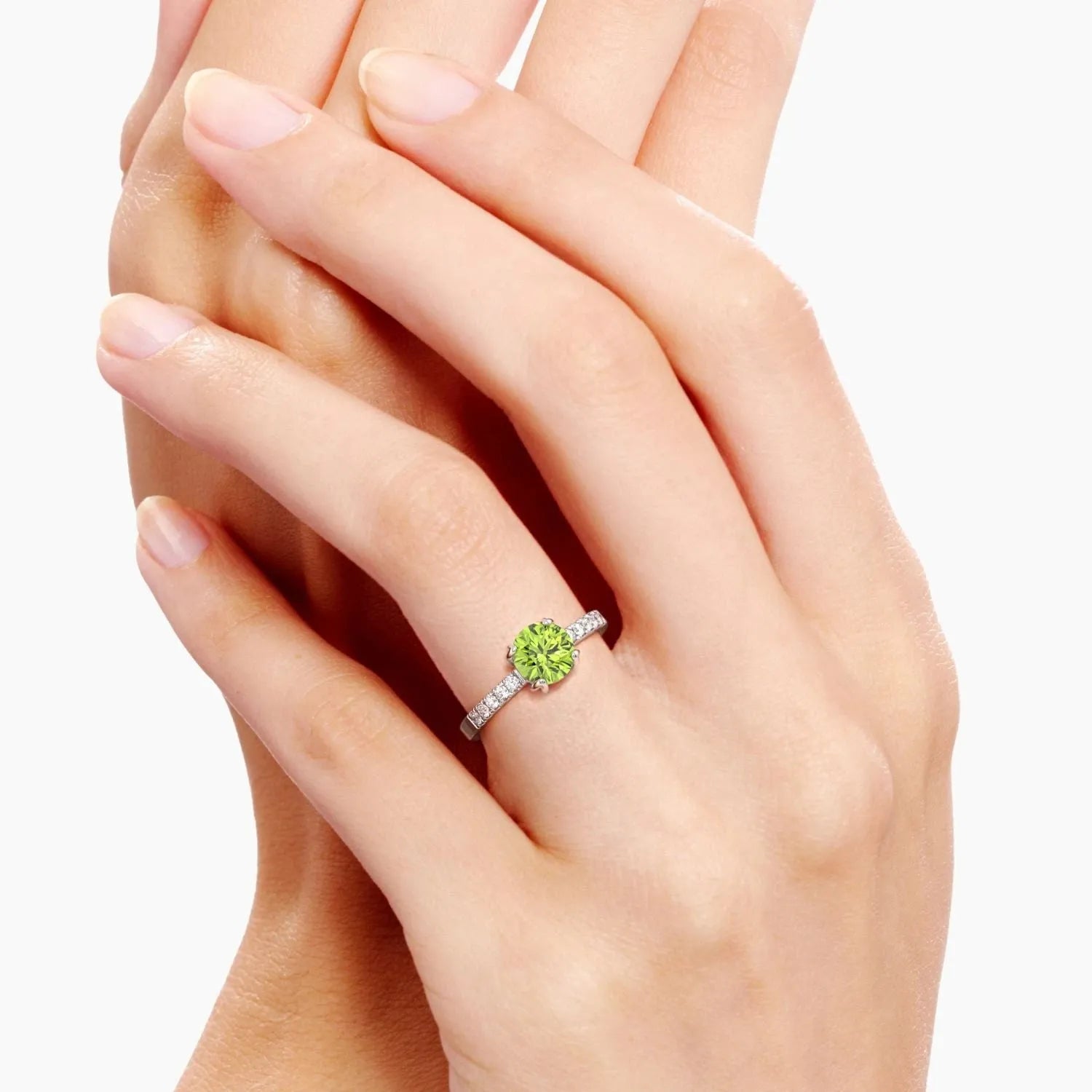 Round Shape Peridot Ring - Halo Shank - 925 Silver - Irosk - Irosk Australia