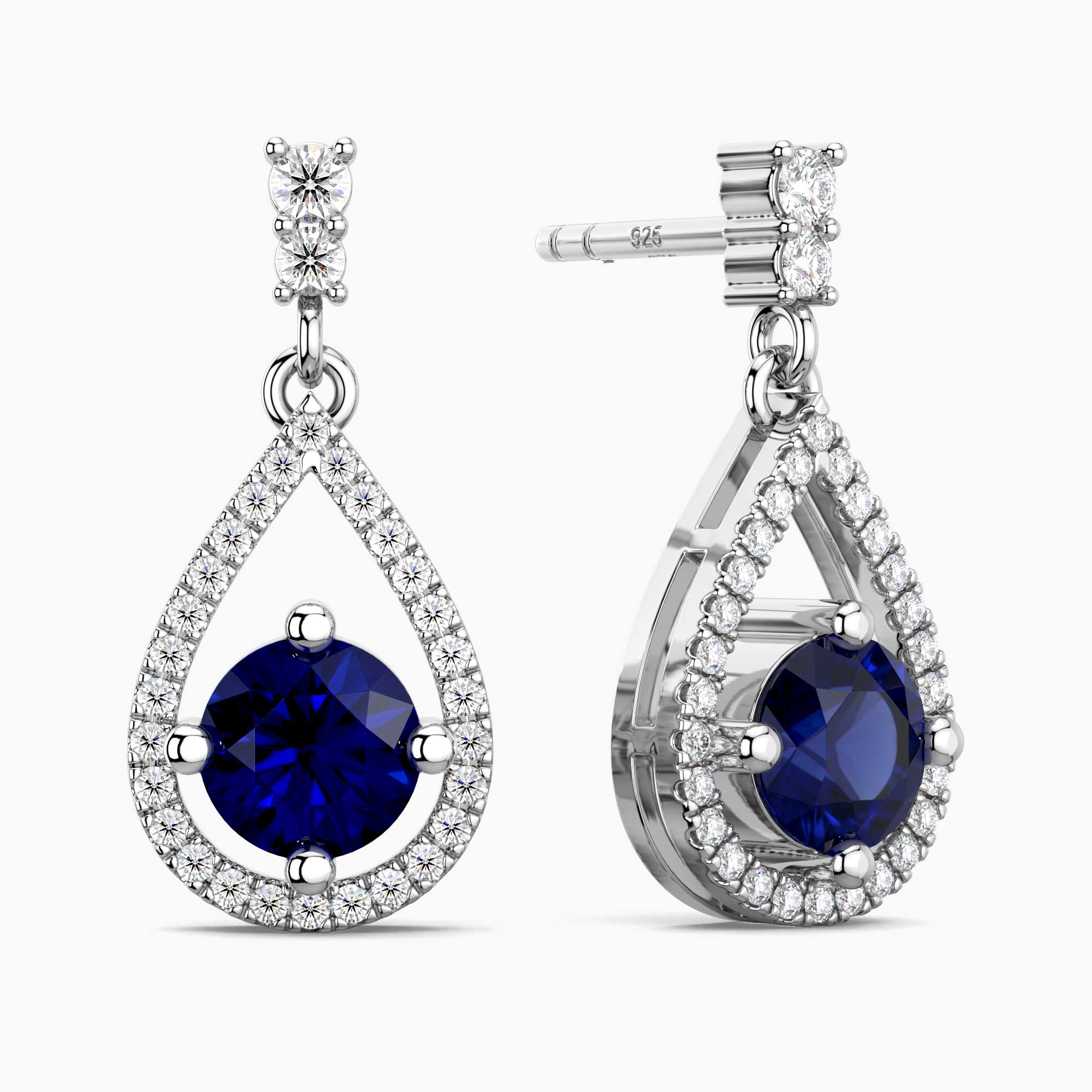 Sapphire Halo Drop Earrings in Sterling Silver – September Birthstone