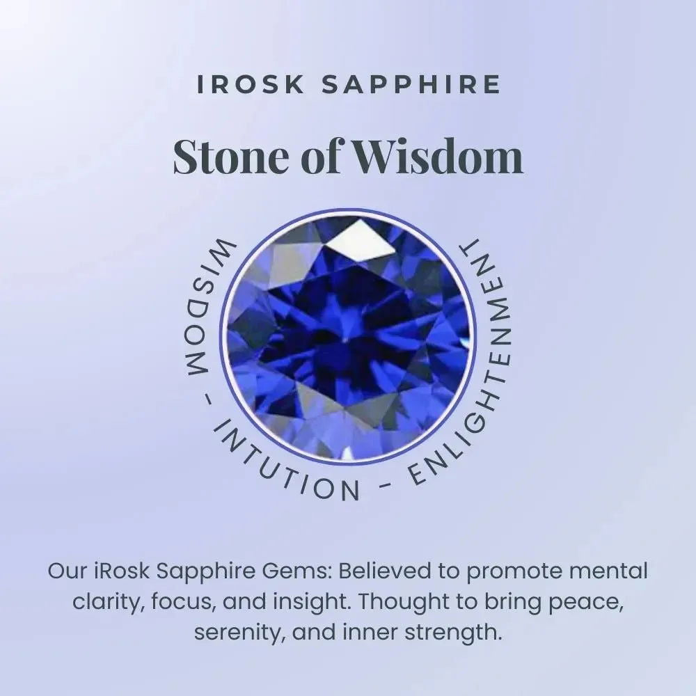 September birthstone card with a blue sapphire gemstone, titled 'Stone of Wisdom,' explaining the sapphire’s symbolic meaning of wisdom and strength.