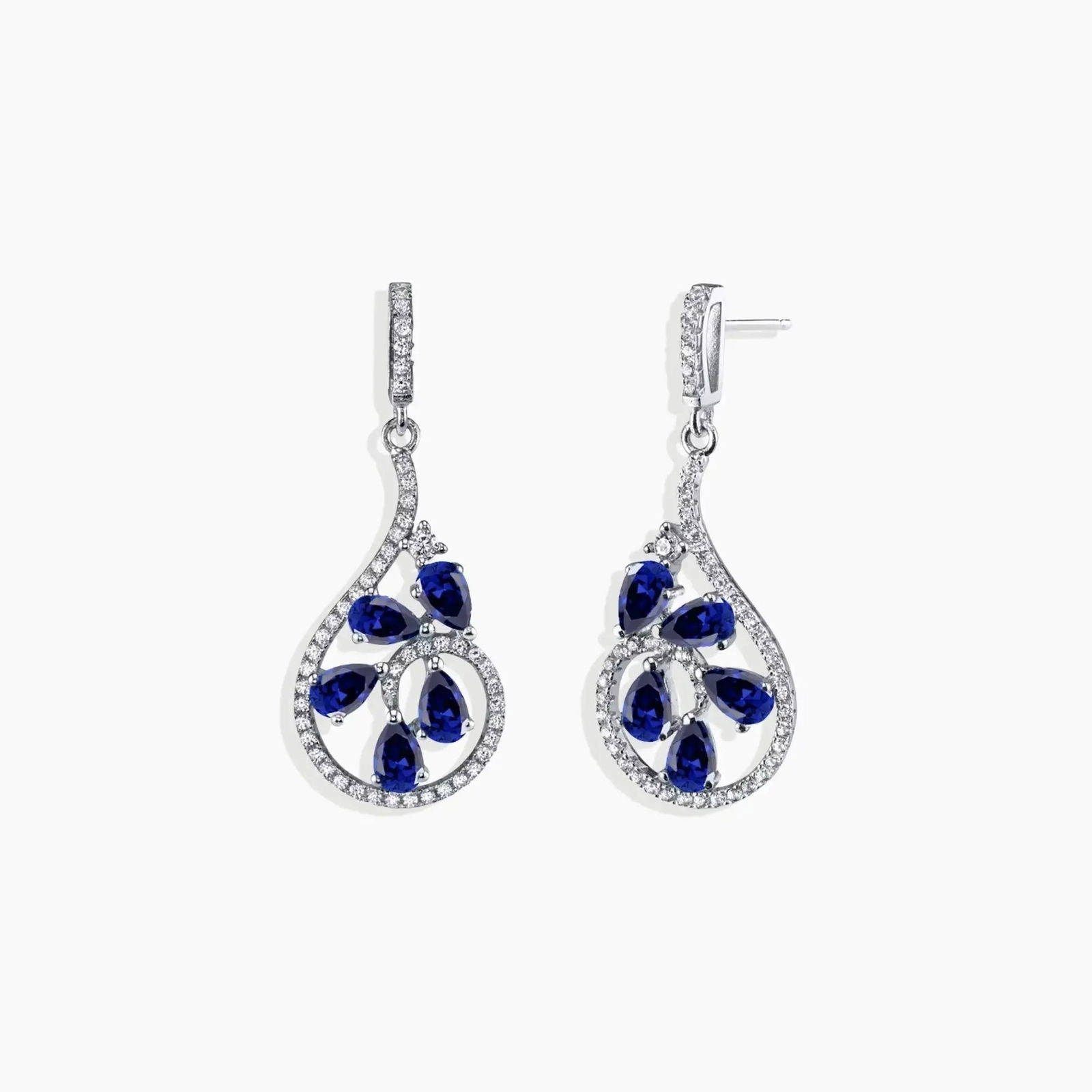 Silver Sapphire Earrings - Dewdrop in 925 Sterling Silver with Five Pear-Cut Created Sapphires
