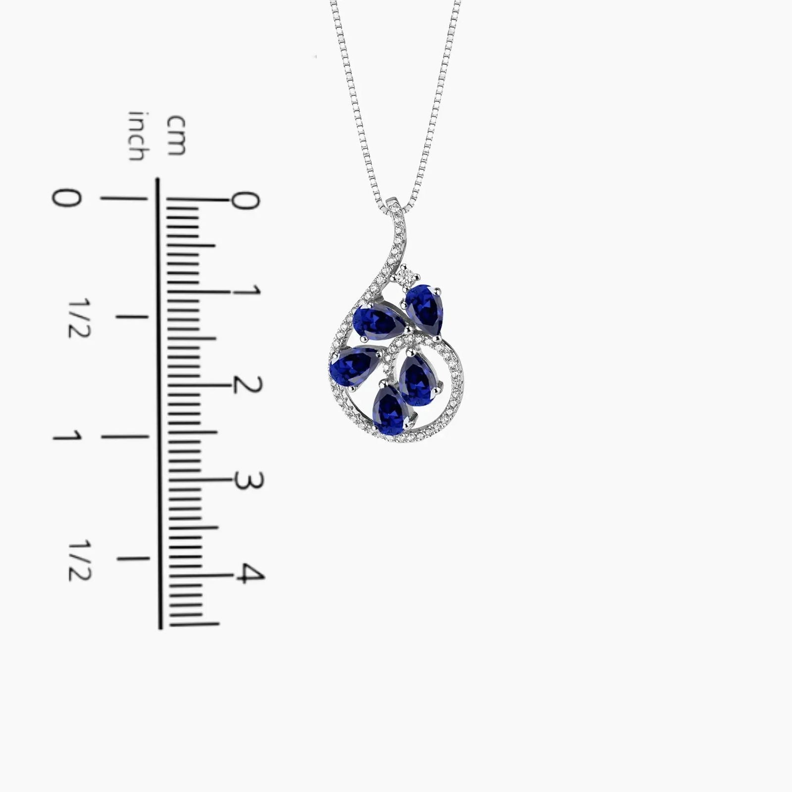 Size reference for teardrop sapphire pendant necklace showing pendant dimensions for accurate measurement and ideal necklace length.