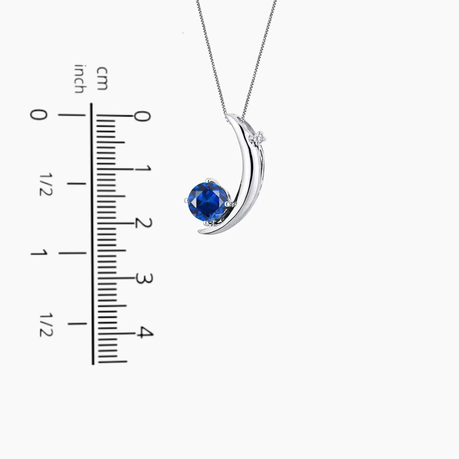 Size reference for blue moon necklace with sapphire gemstone, showing pendant dimensions for accurate measurement and ideal fit.