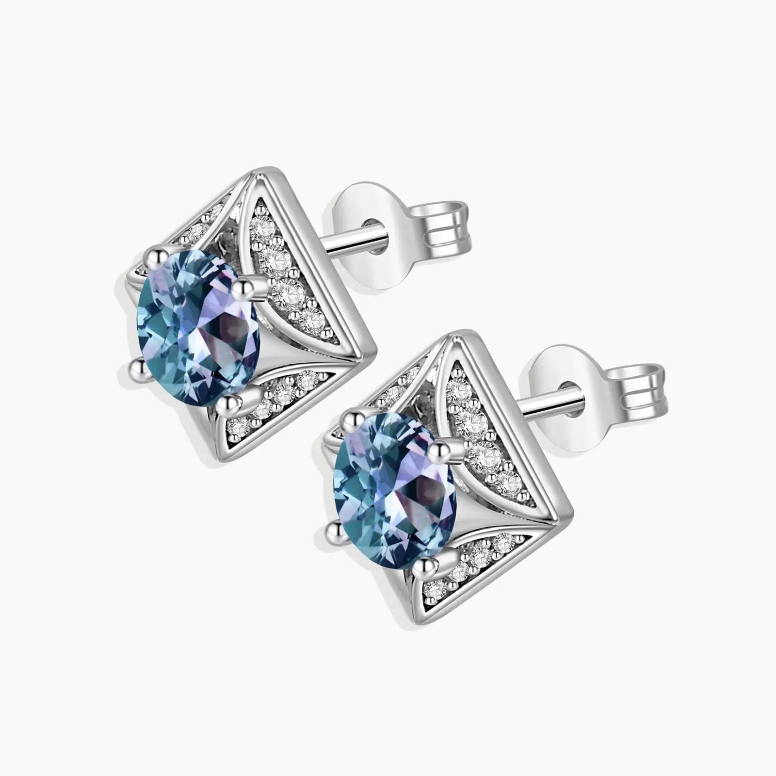Alexandrite framed square stud earrings in sterling silver – 8 mm round gemstone with geometric setting