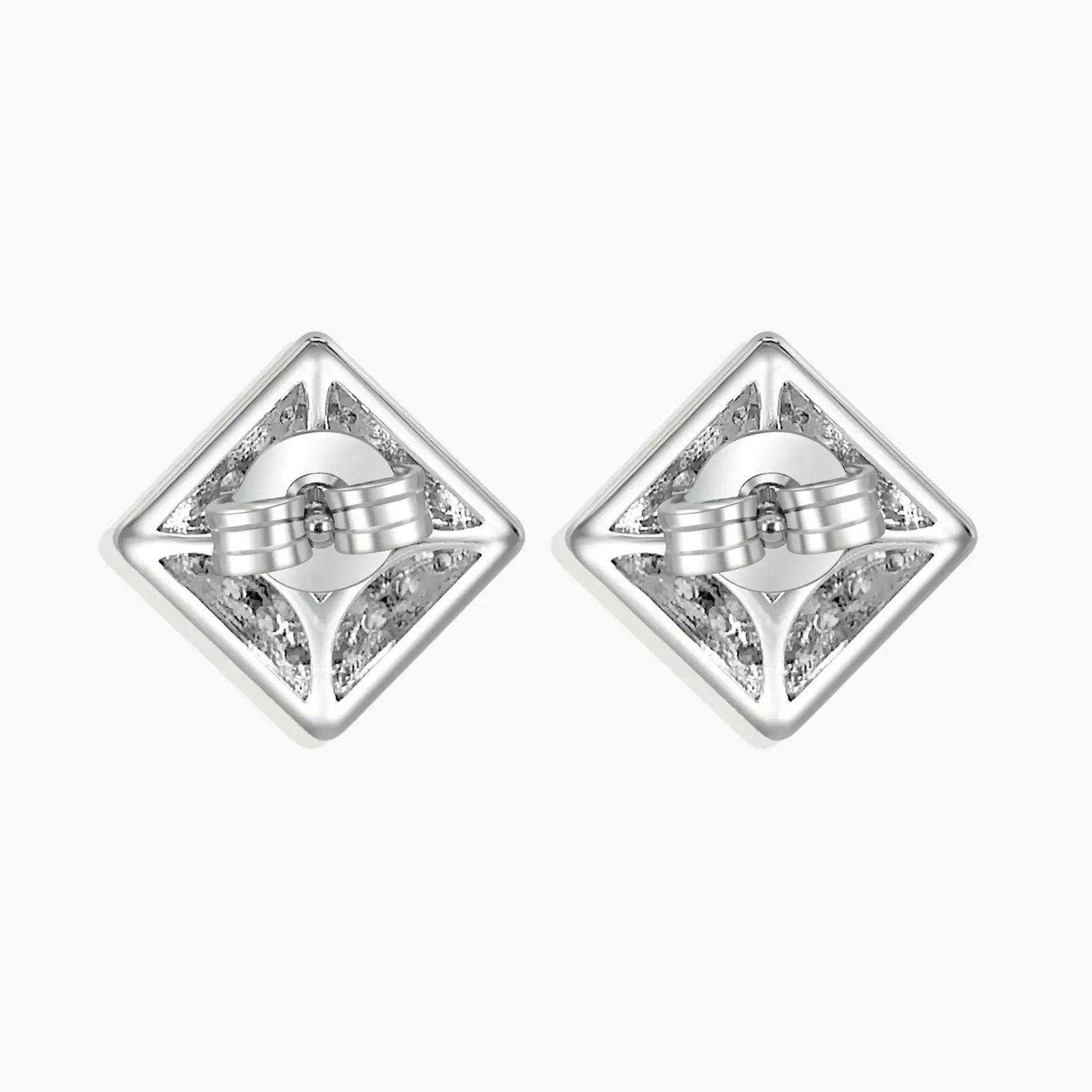Back angle of Alexandrite framed earrings showing silver stud post and rhodium finish