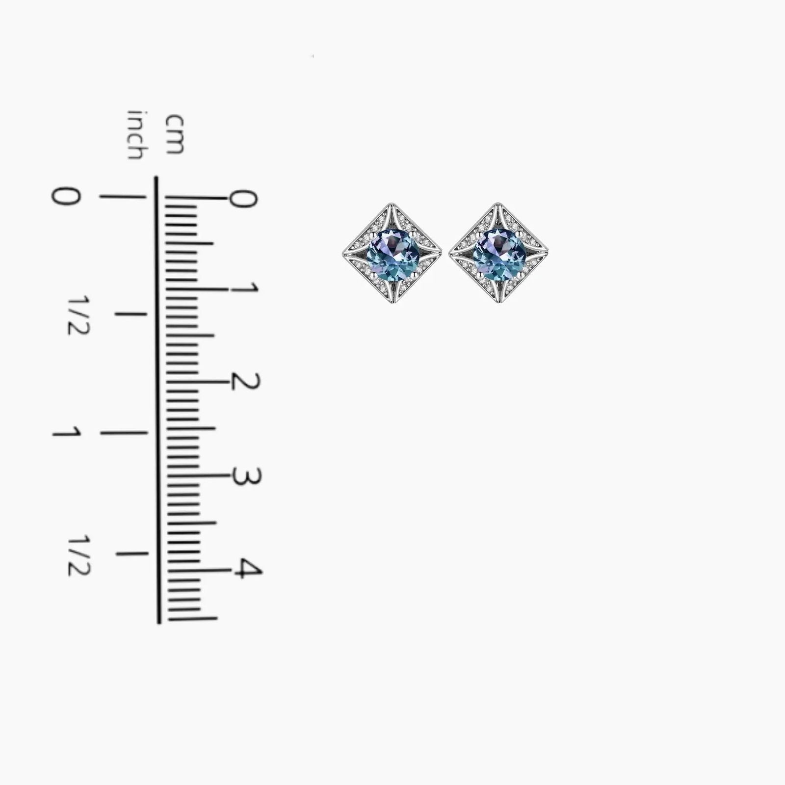 Alexandrite framed stud earrings next to ruler – 1.2 cm by 1.2 cm with 8 mm gemstone