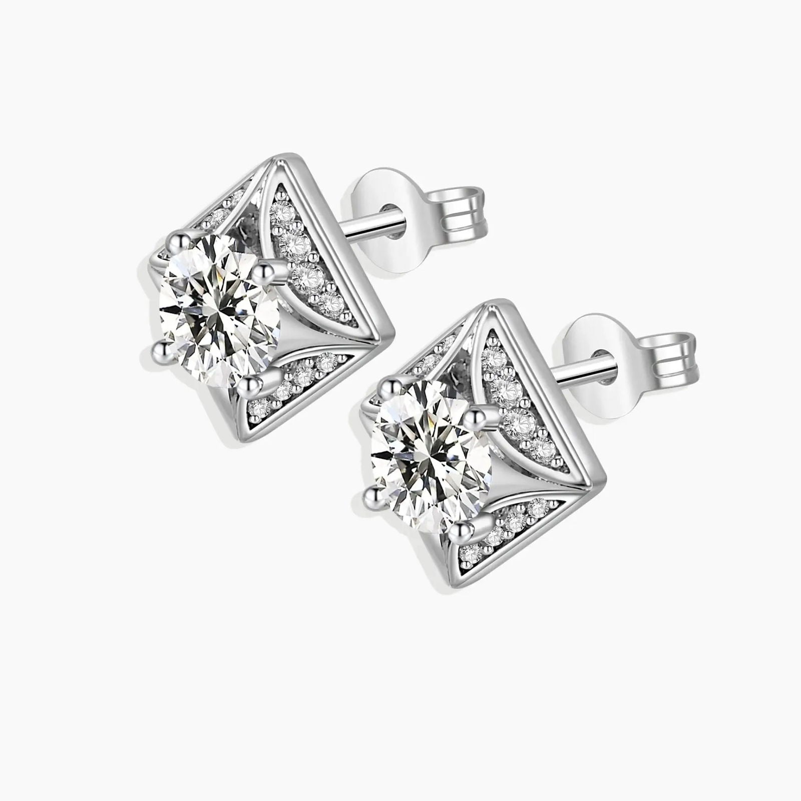 Front and angled side views of the square moissanite stud earrings, showing the round center stone and zirconia accents in a rhodium-plated setting.