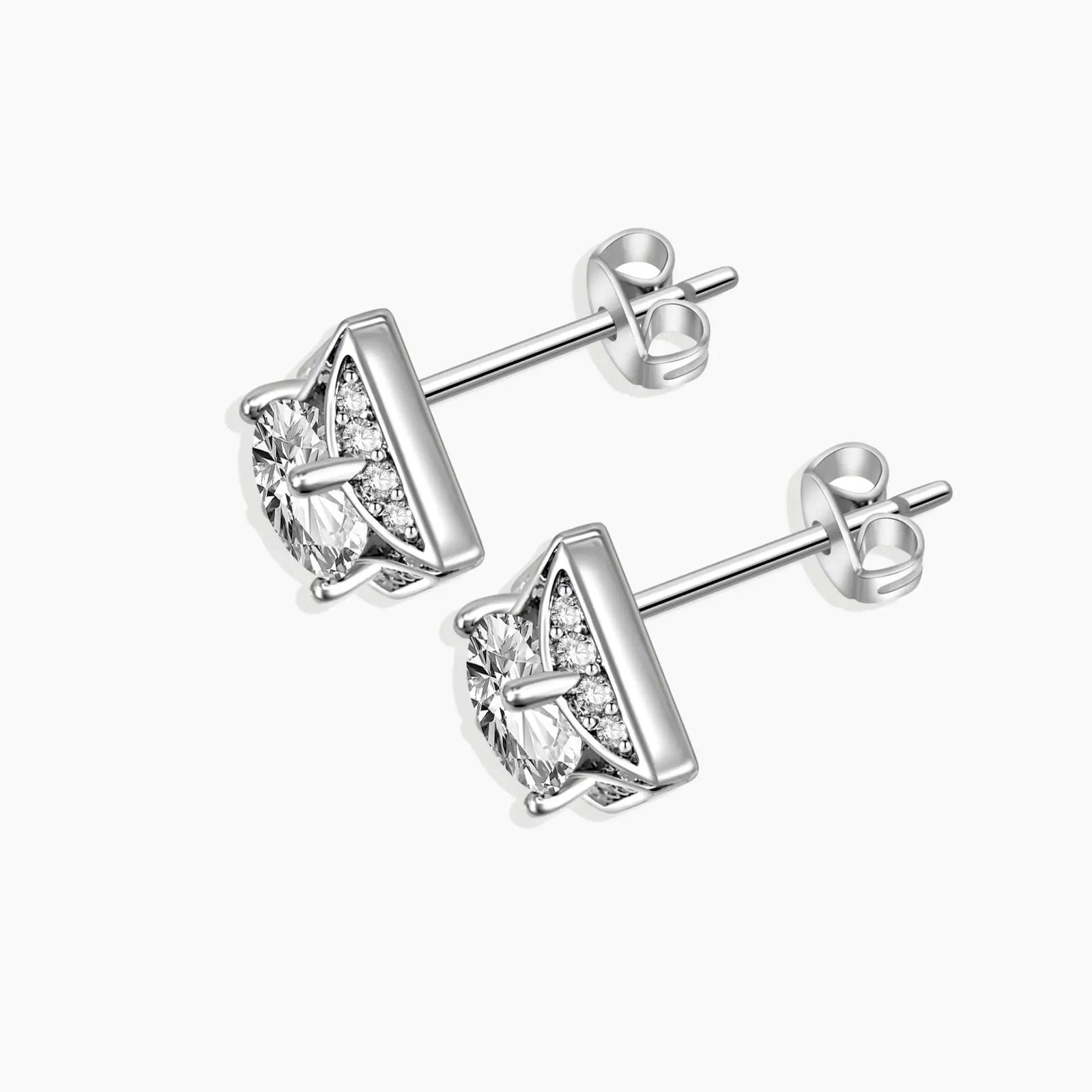 Close-up shot of the square moissanite stud earrings, detailing the intricate metalwork and sparkling moissanite centerpiece.