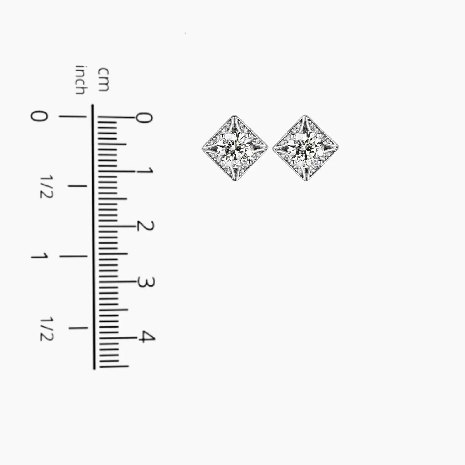 Measurement chart illustrating the 1.2 cm by 1.2 cm dimensions of the square moissanite stud earrings.