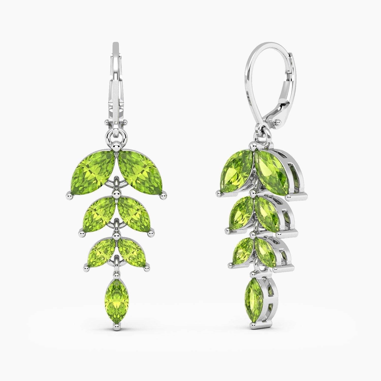 Marquise Peridot Leaf Design August Birth stone Earrings in Sterling Silver