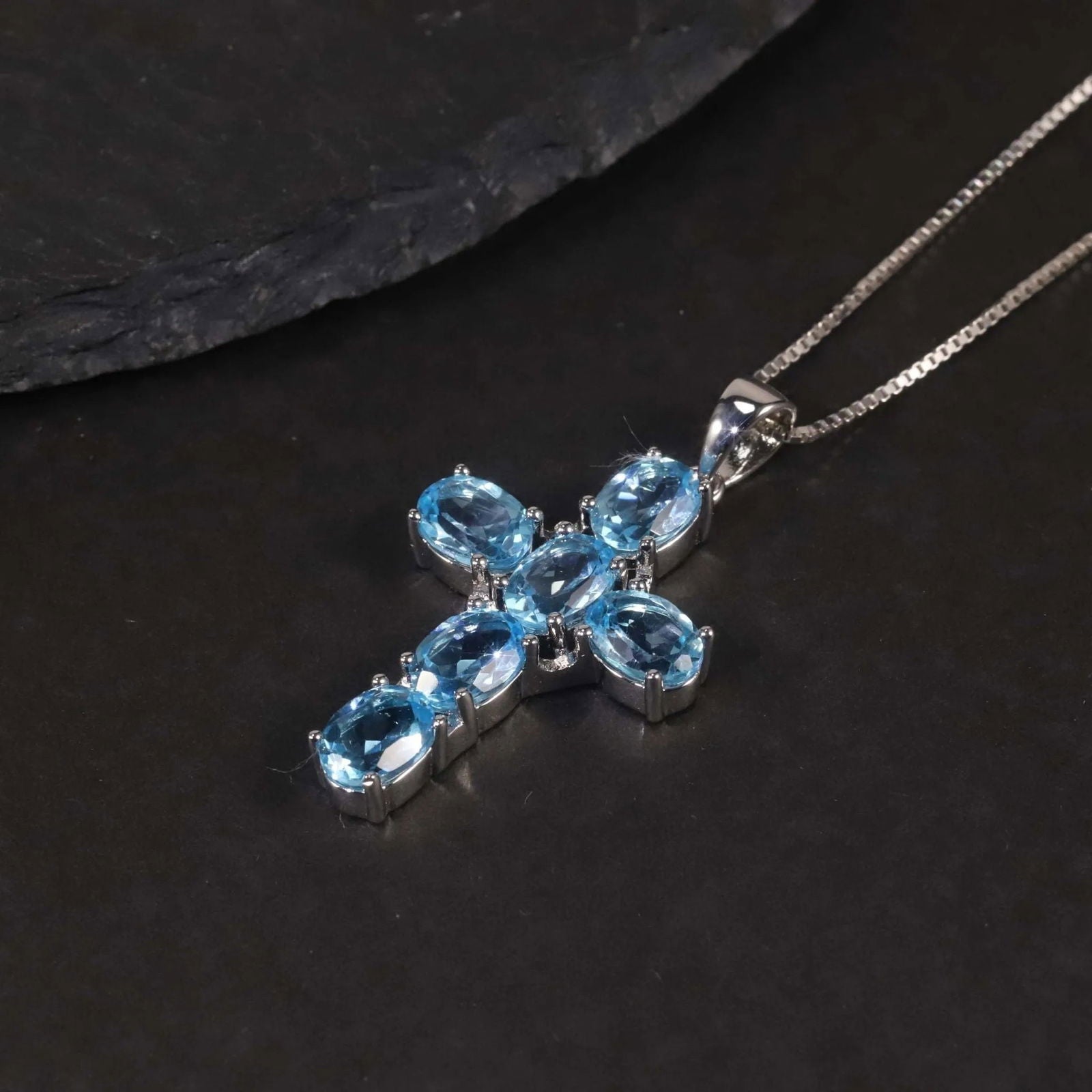 Swiss Blue Topaz Cross Pendant Necklace in 925 Sterling Silver - Irosk Australia ® - Irosk Australia