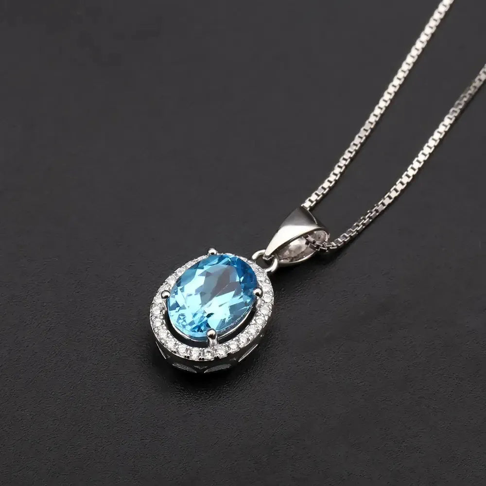 Swiss Bule Topaz Oval Cut Regal Pendant Necklace in Sterling Silver - Irosk Australia
