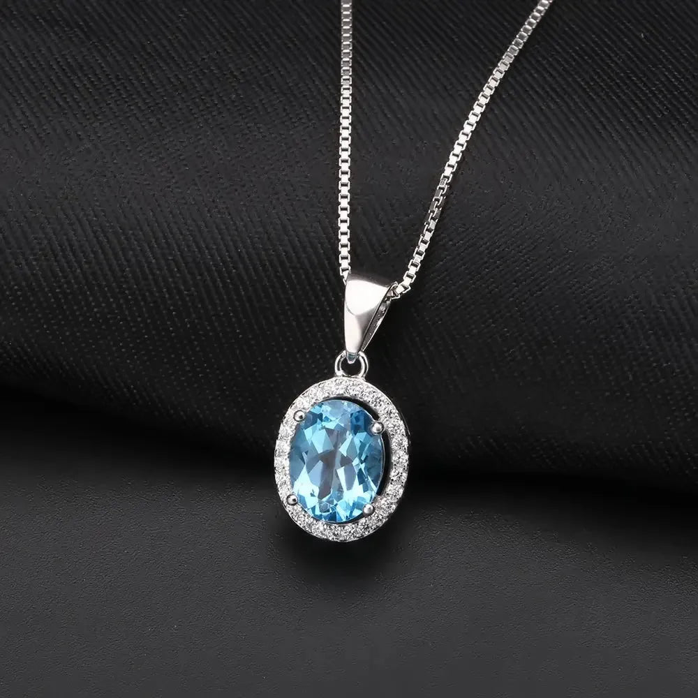 Swiss Bule Topaz Oval Cut Regal Pendant Necklace in Sterling Silver - Irosk Australia