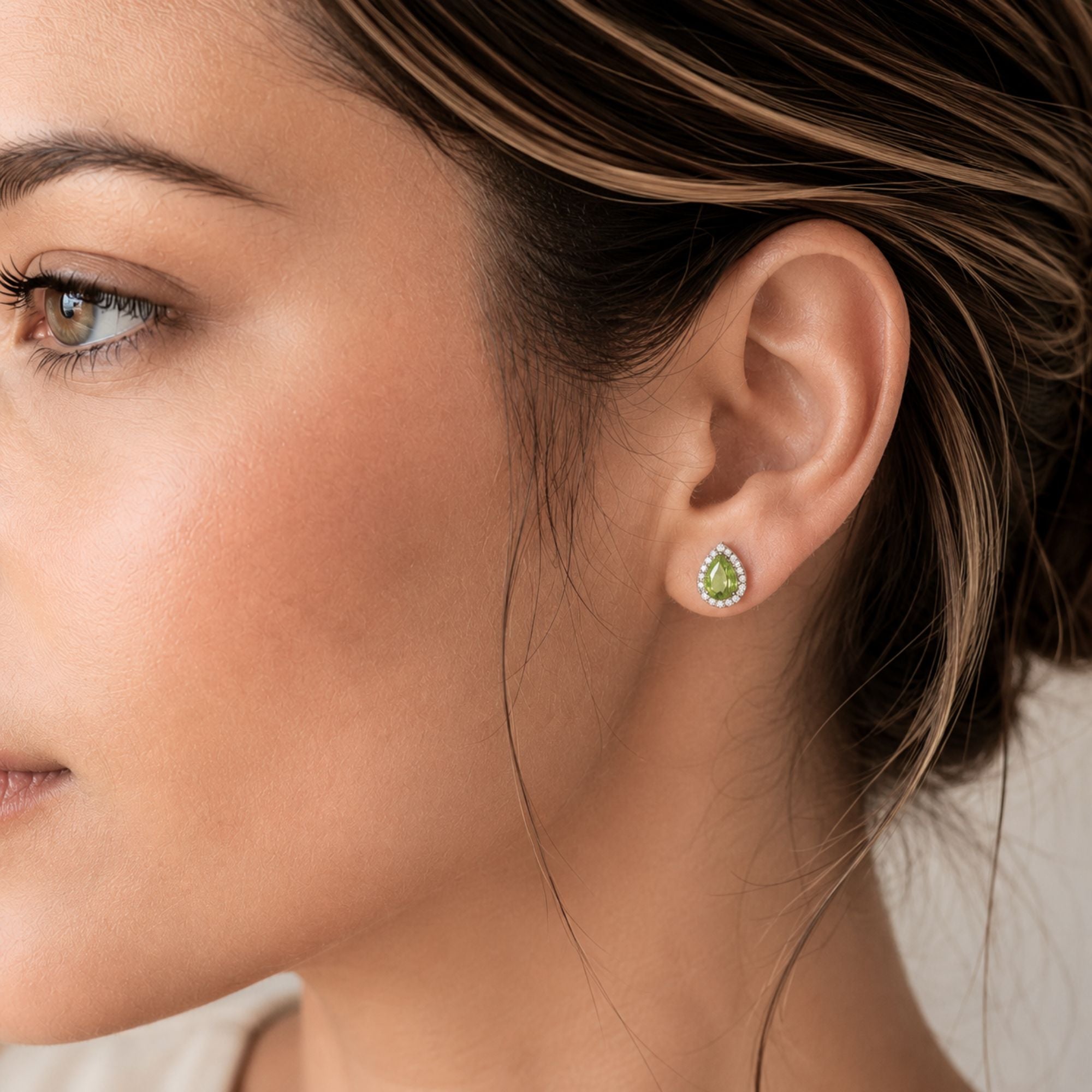 Peridot Pear Halo Stud Earrings in Sterling Silver | Irosk