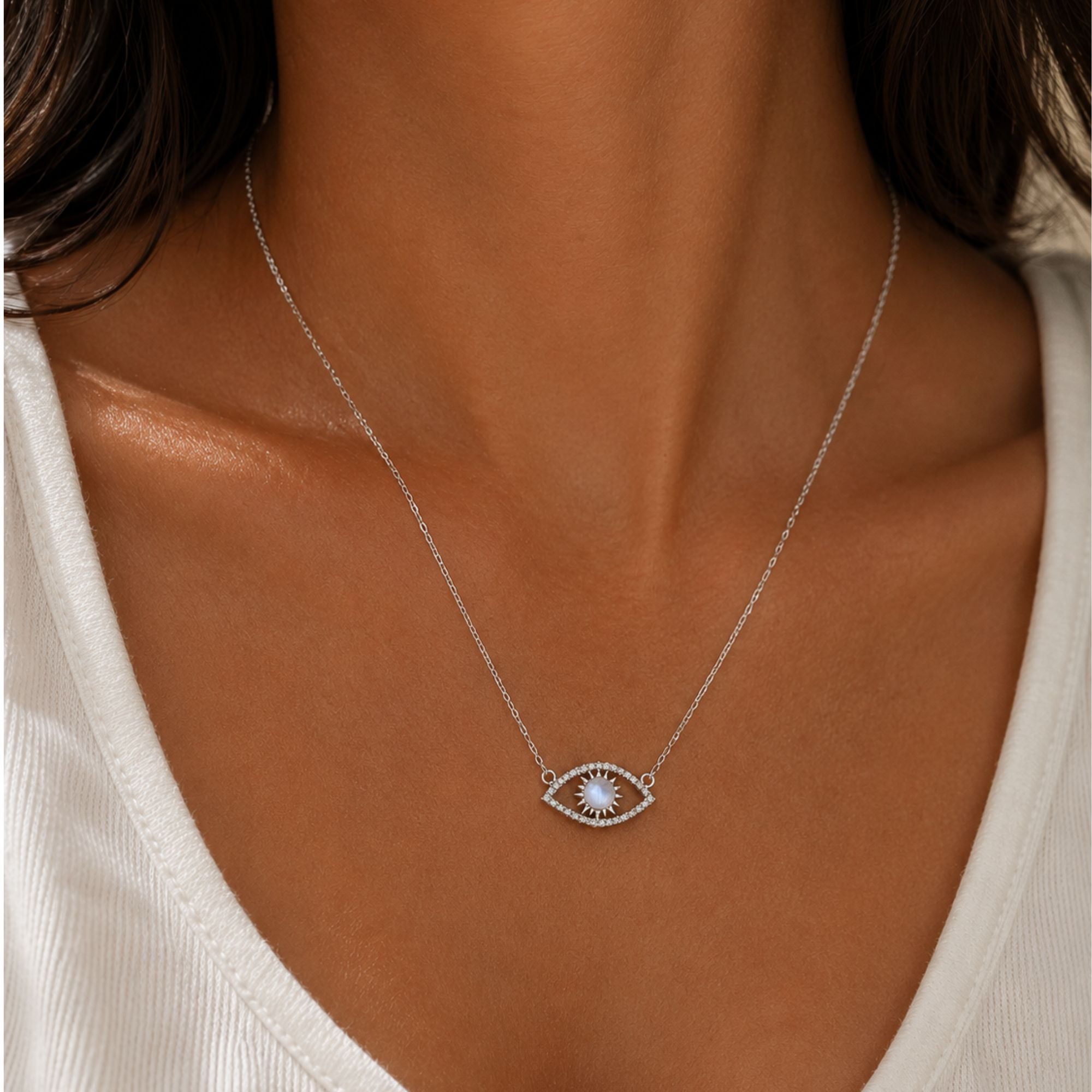 Evil Eye Necklace with Milky Blue Moonstone in Sterling Silver