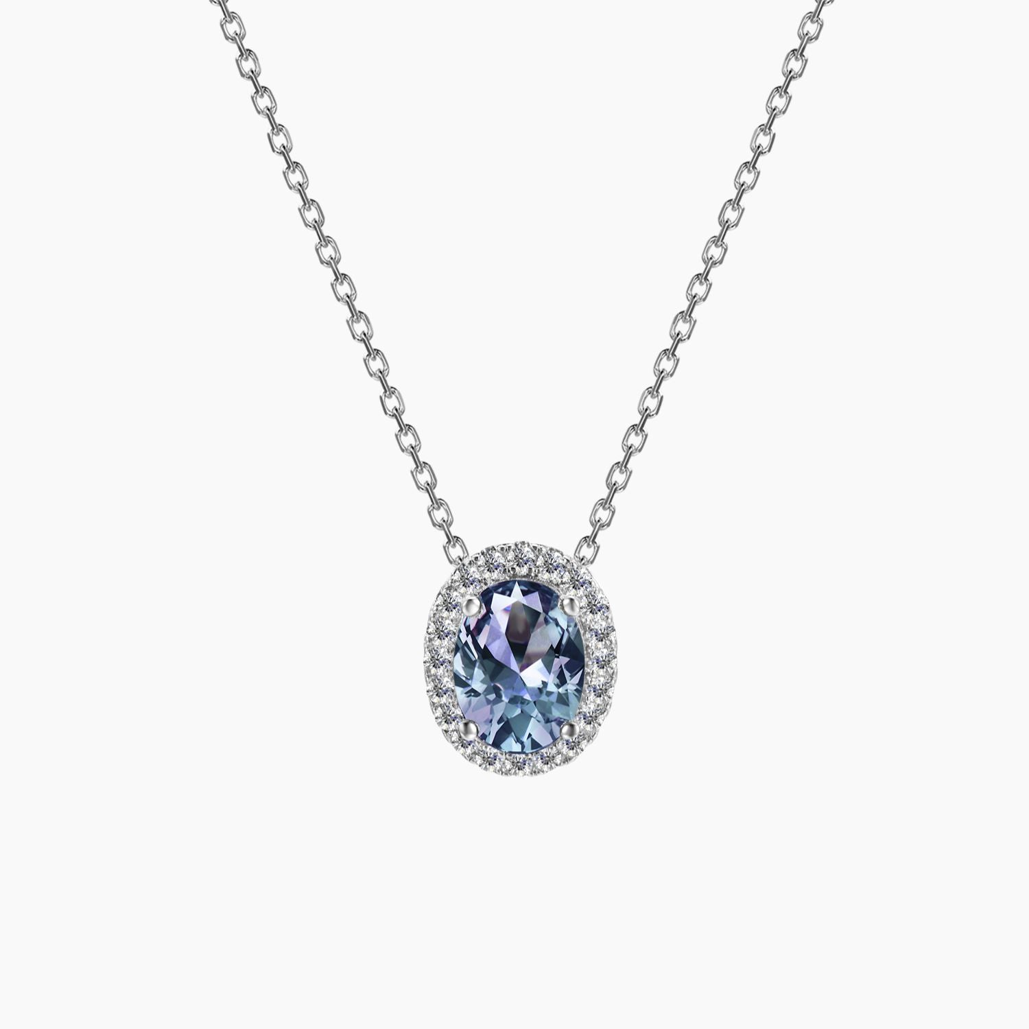 Sterling silver Alexandrite pendant necklace with oval halo and colour-shifting lab-created gemstone