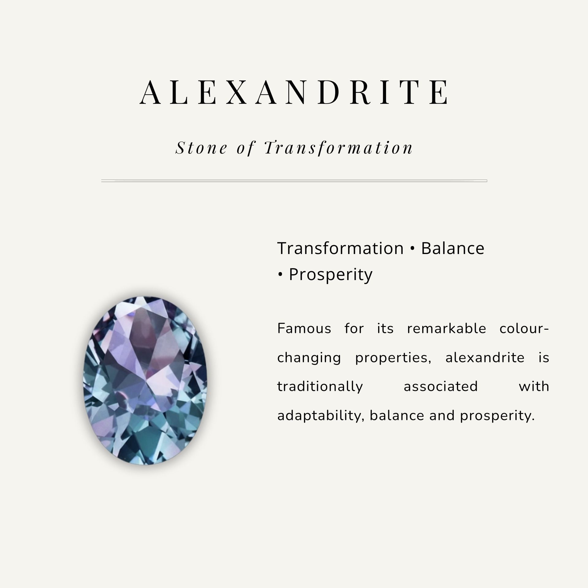 Alexandrite gemstone with descriptive text on a light gray background