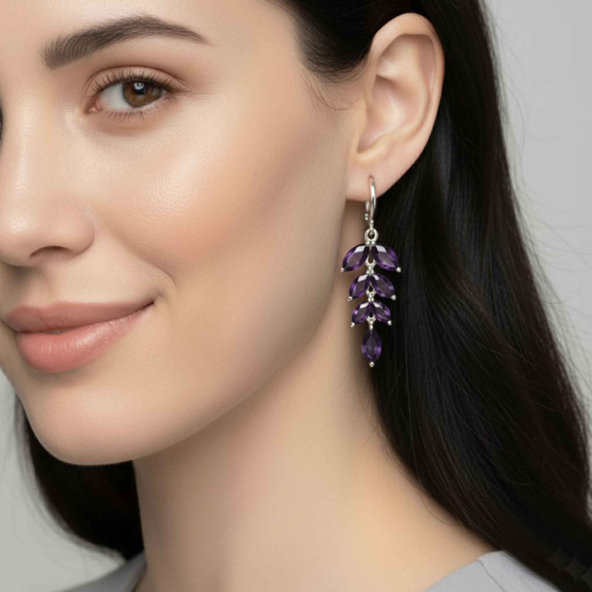 Marquise Amethyst Leaf Earrings – February Birthstone