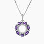 Luxury sterling silver halo pendant featuring seven oval-cut natural amethysts in a circular setting, paired with a fine box chain.