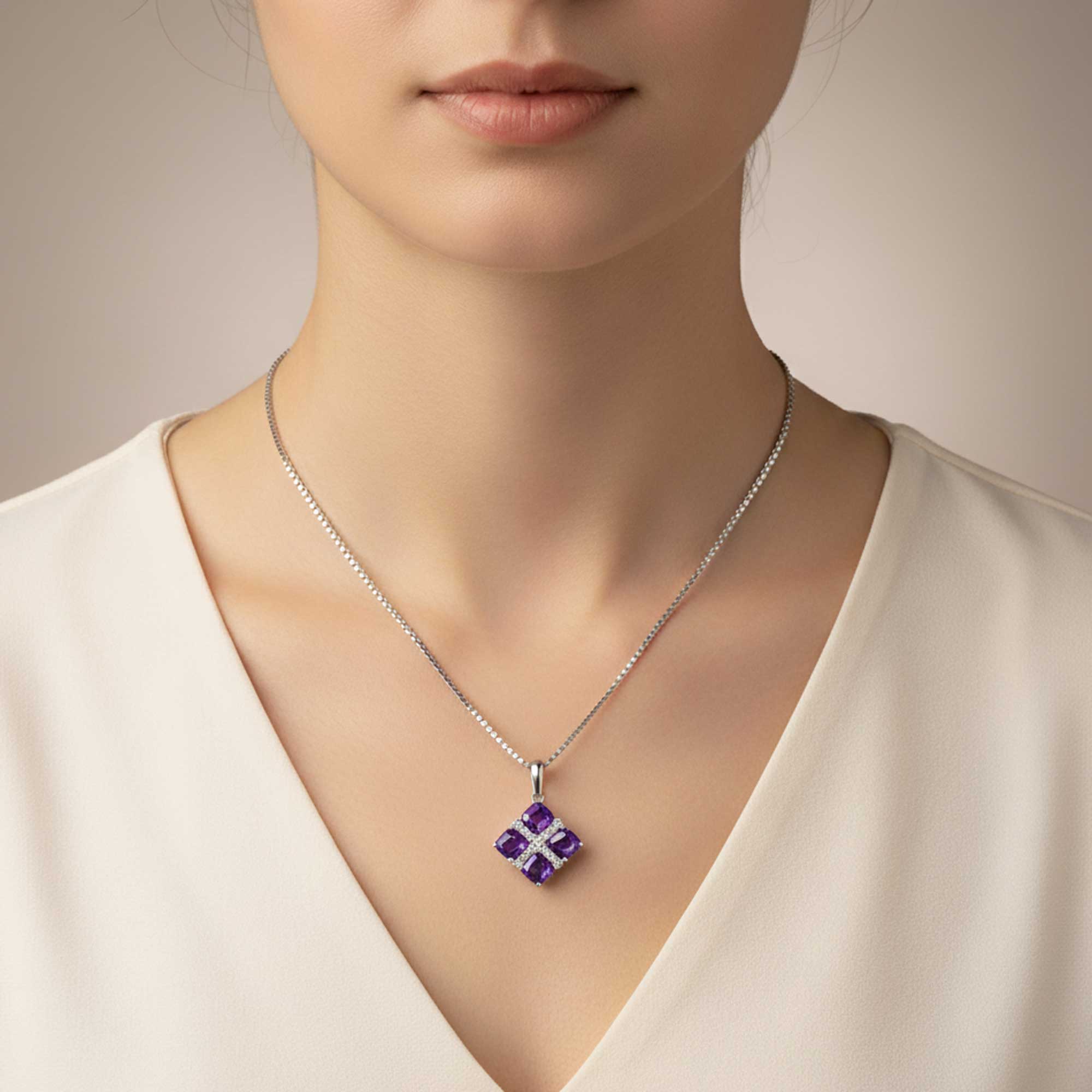 Regal Amethyst Cluster Pendant in Rhodium-Plated Silver