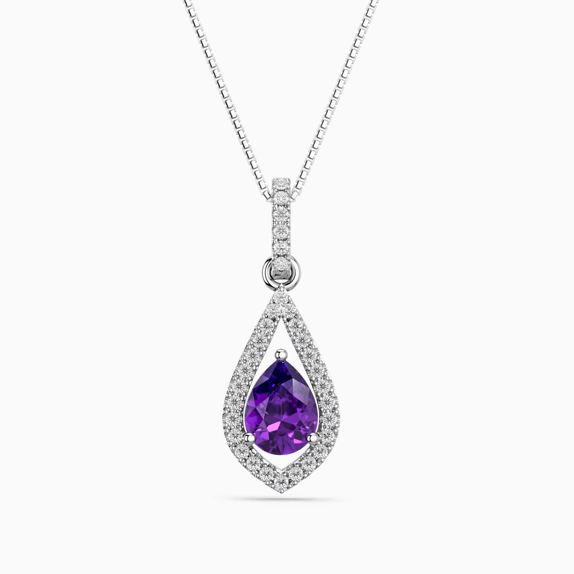 Teardrop-shaped purple amethyst gemstone pendant with diamond accents on a white background